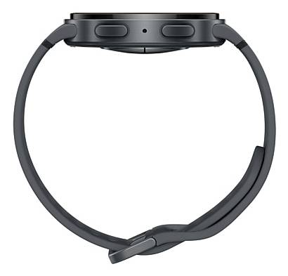 Eine schwarze Smartwatch von der Seite betrachtet, die ein geschwungenes Armband und zwei Knöpfe an der Kante der Uhr zeigt.