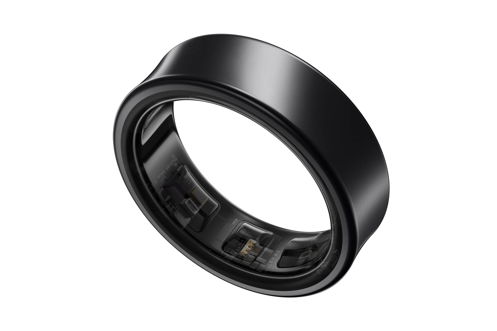 Ein schlanker schwarzer Ring mit sichtbarer interner Elektronik, was auf ein intelligentes oder technologisches Gerät hindeutet.