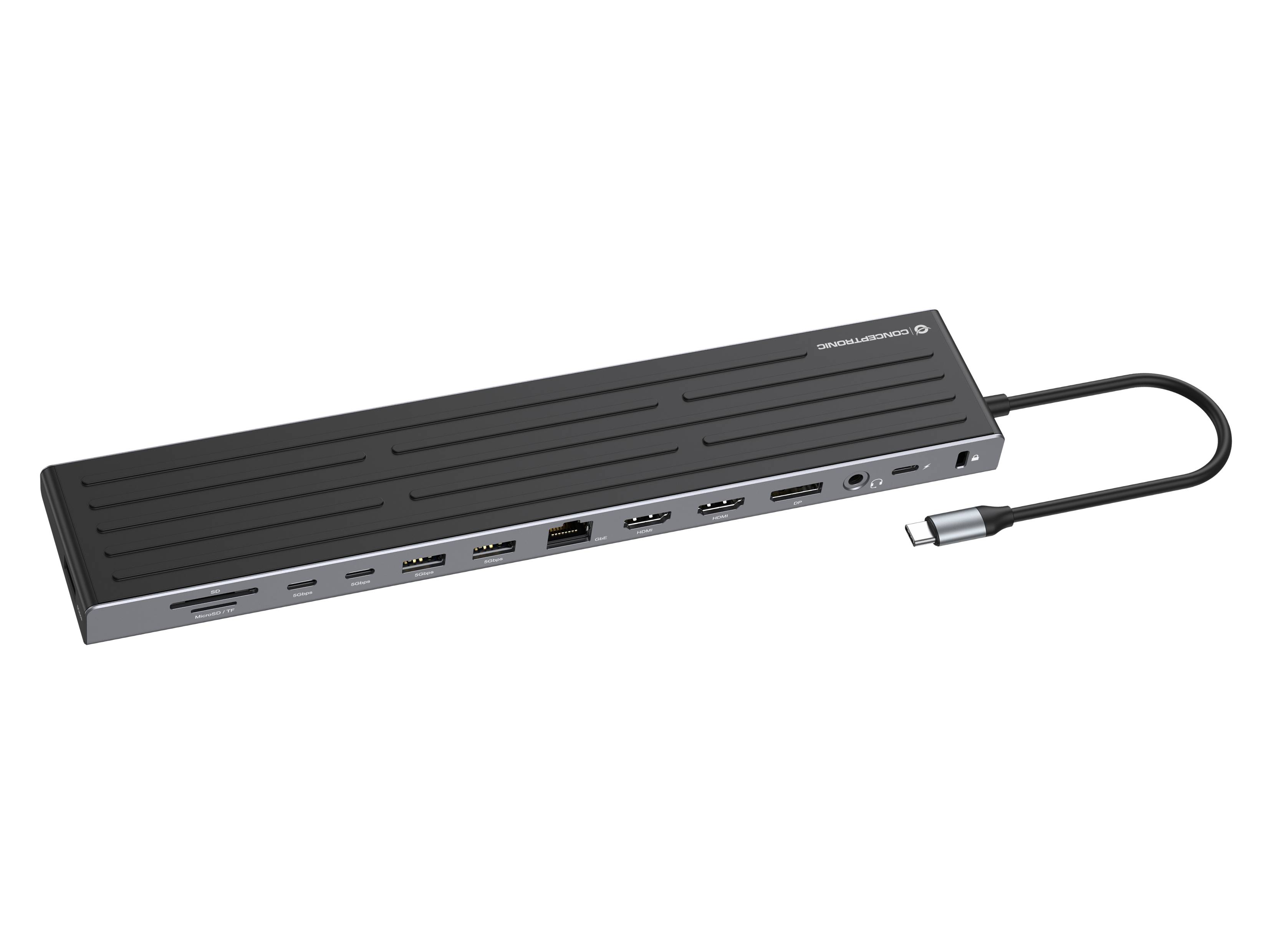 Conceptronic DONN32B 14-in-1 MST-Dockingstation USB 3.2 Gen 1, HDMI x2, DisplayPort, Gigabit-LAN, USB-A 5Gbps x3, USB-C 5Gbps x2, SD-Kartenleser