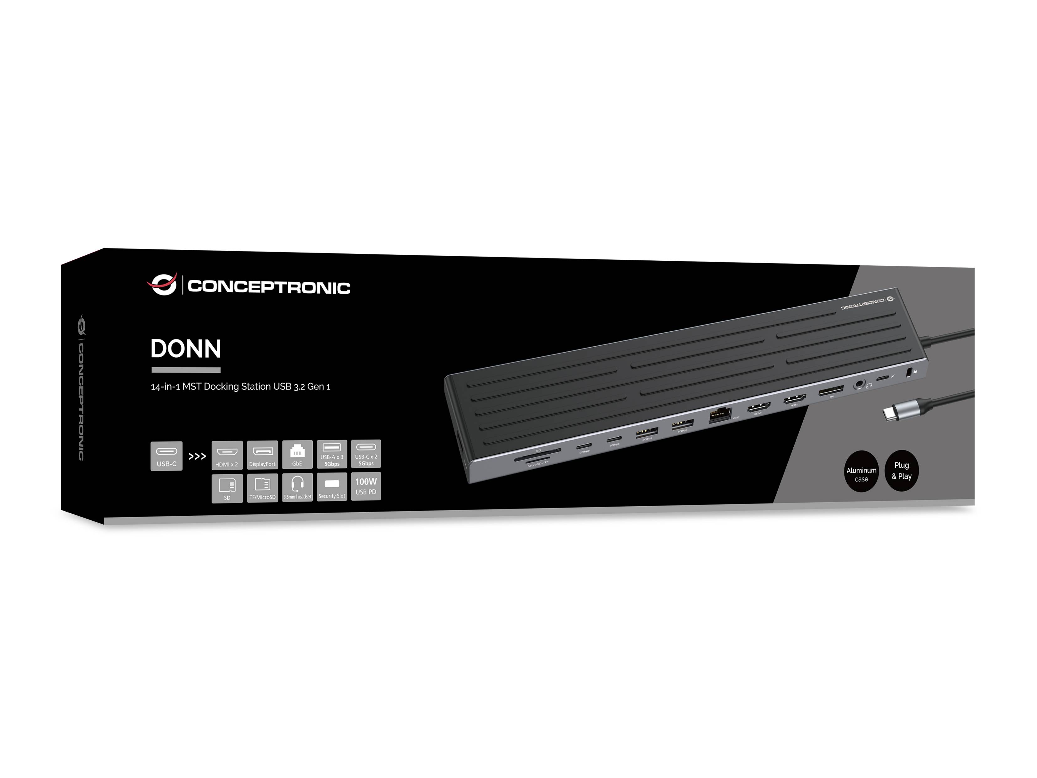 Conceptronic DONN32B 14-in-1 MST-Dockingstation USB 3.2 Gen 1, HDMI x2, DisplayPort, Gigabit-LAN, USB-A 5Gbps x3, USB-C 5Gbps x2, SD-Kartenleser