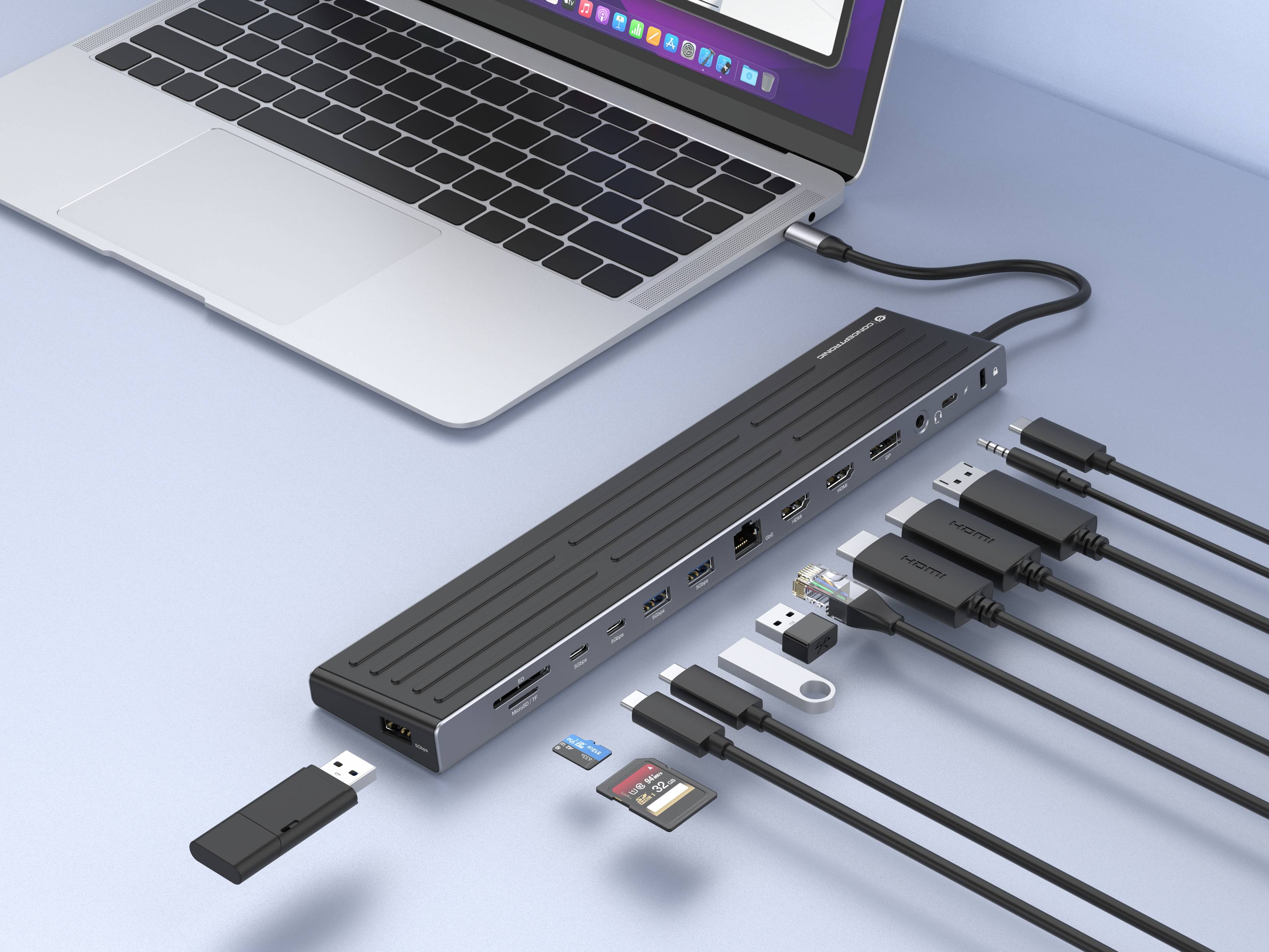 Conceptronic DONN32B 14-in-1 MST-Dockingstation USB 3.2 Gen 1, HDMI x2, DisplayPort, Gigabit-LAN, USB-A 5Gbps x3, USB-C 5Gbps x2, SD-Kartenleser