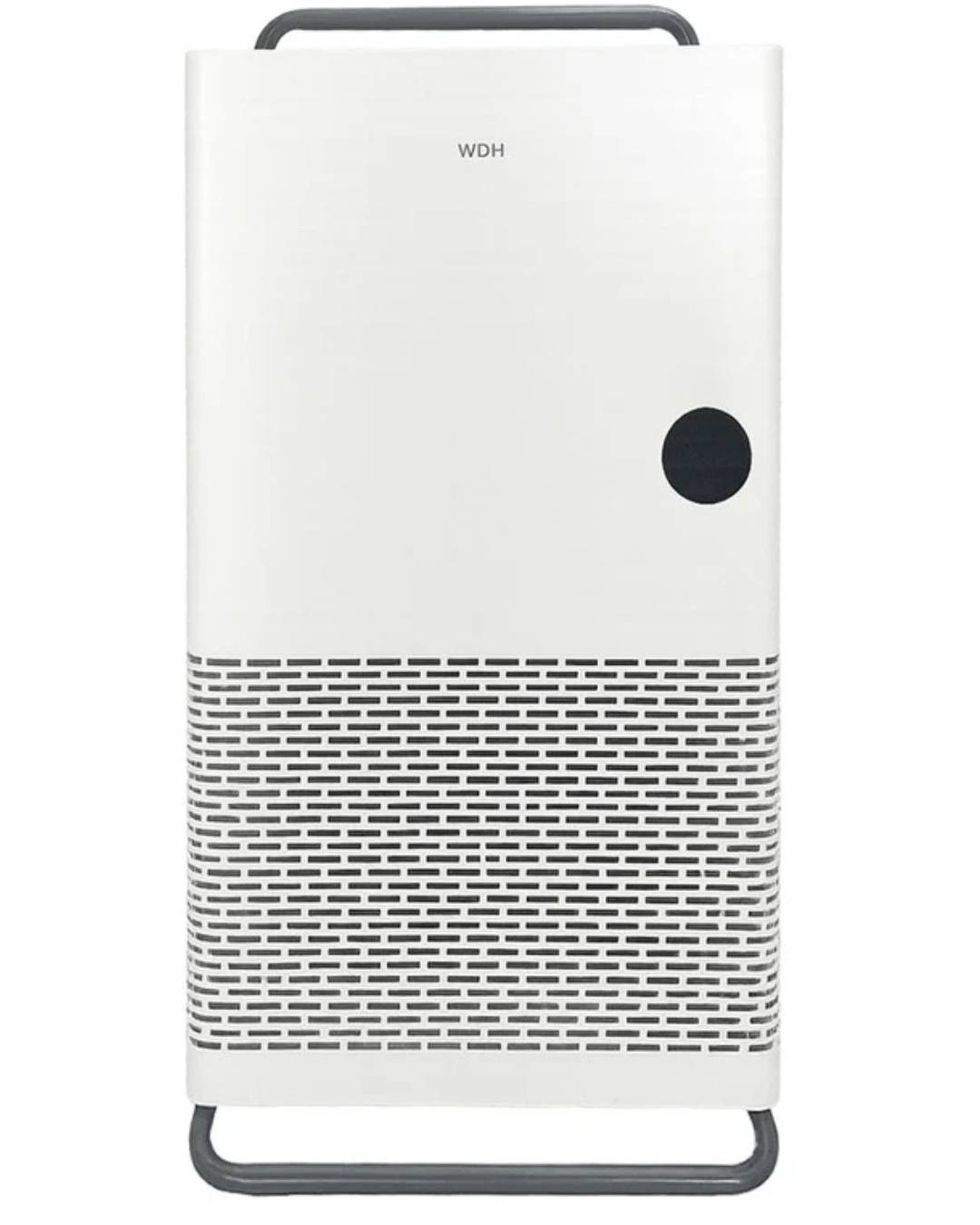 Eleganter weißer Luftreiniger mit schwarzem kreisförmigem Bedienknopf und belüftetem Frontdesign.