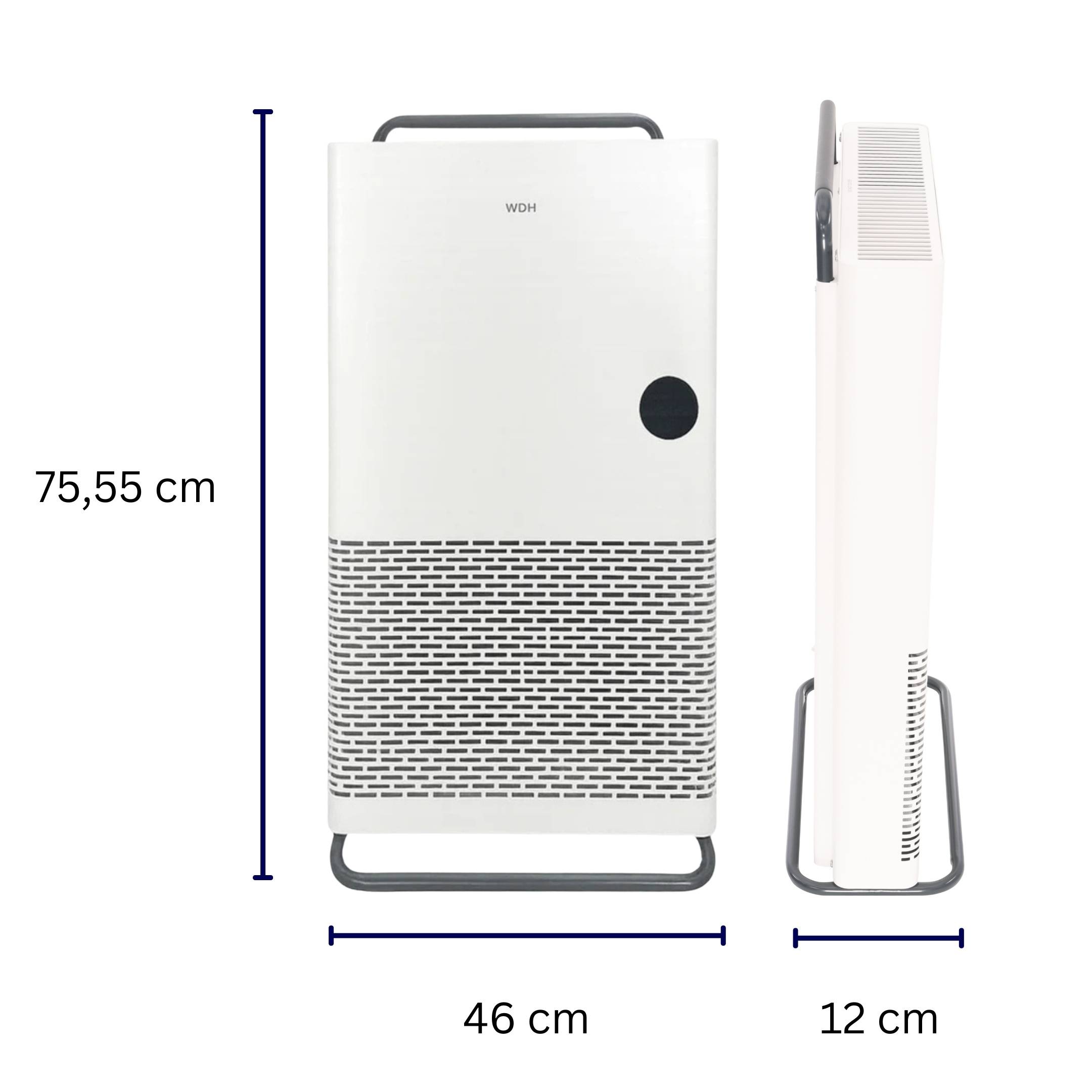 Weißer WOH Luftreiniger, von vorne und von der Seite dargestellt, mit den Abmessungen: 75,55 cm hoch, 46 cm breit, 12 cm tief.