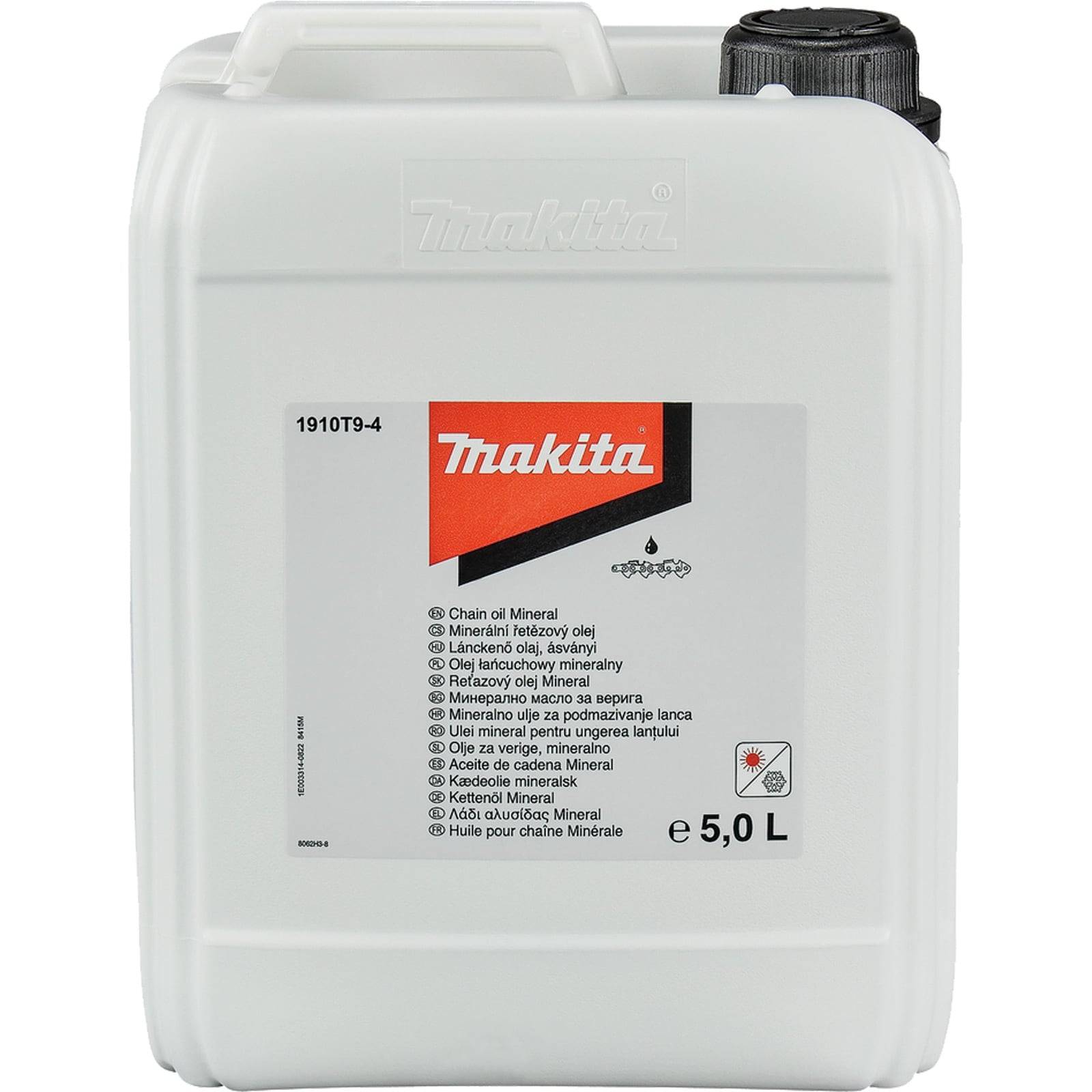Makita-markierter 5-Liter-Behälter mit Mineralkettenöl mit mehrsprachigem Text und Logo, entwickelt für die Verwendung an Motorsägen.
