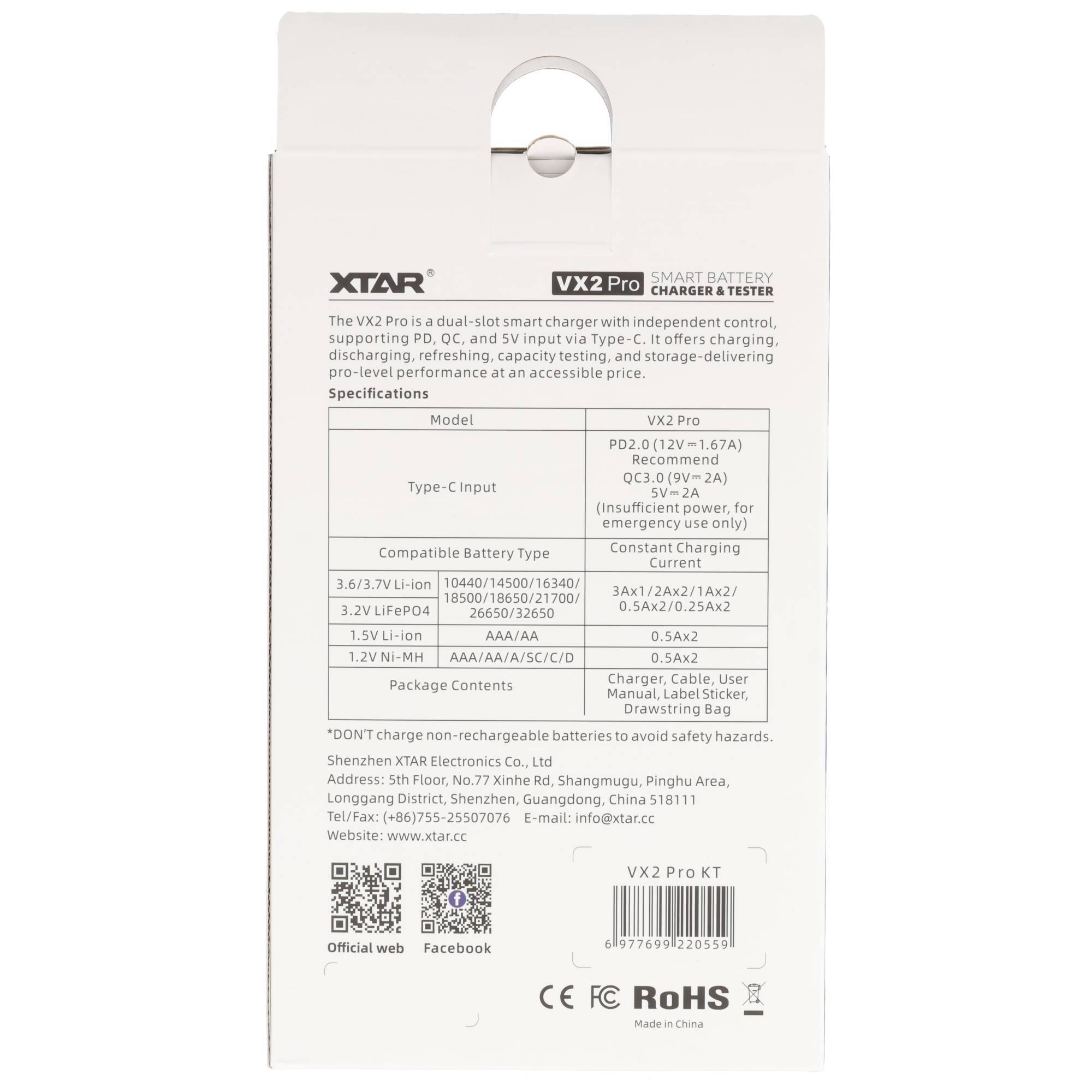 Verpackung für Xtar VX2 Pro intelligentes Batterieladegerät und Testgerät, zeigt unterstützte Batterietypen, Ladespezifikationen, QR-Codes und Strichcode.