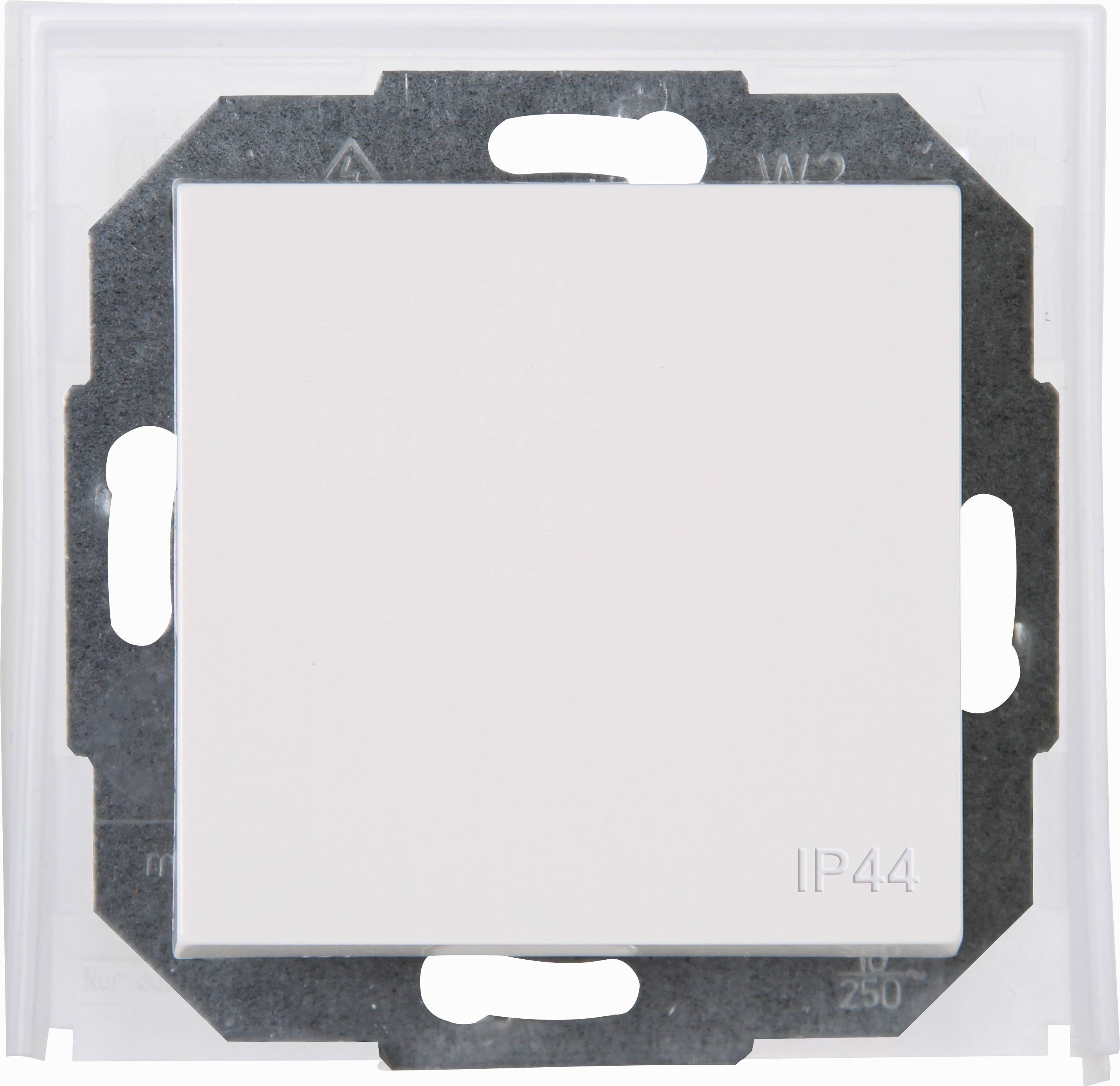 Eine weiße quadratische elektrische Schalterblende mit IP44-Schutzart, umgeben von einem dunklen, rechteckigen Rahmen, der für die Montage konzipiert ist.