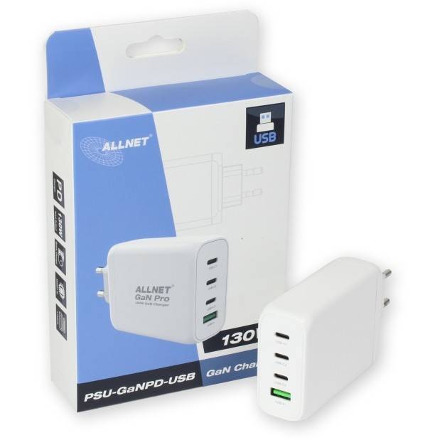 Z ALLNET Ersatznetzteil QC USB-C PD GaN Netzteil Power Supply130Watt 1x USB Typ-A QC 3x USB PLUG**