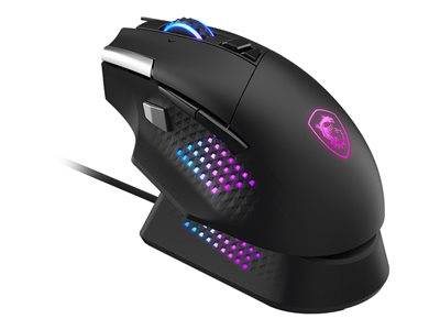 Eine schwarze Gaming-Maus mit anpassbarer RGB-Beleuchtung und mehreren programmierbaren Tasten an der Seite, mit elegantem ergonomischem Design.
