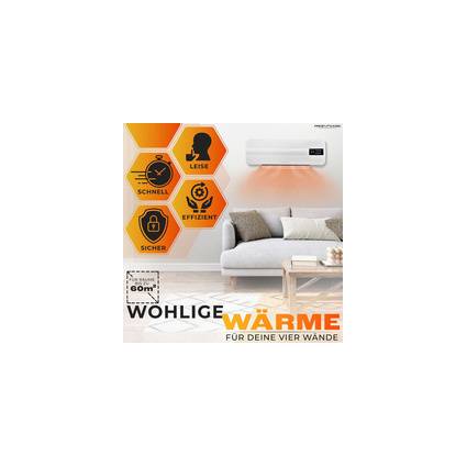 Plakat für eine wandmontierte Klimaanlage, die ein Wohnzimmer heizt, mit Symbolen mit den Aufschriften „schnell