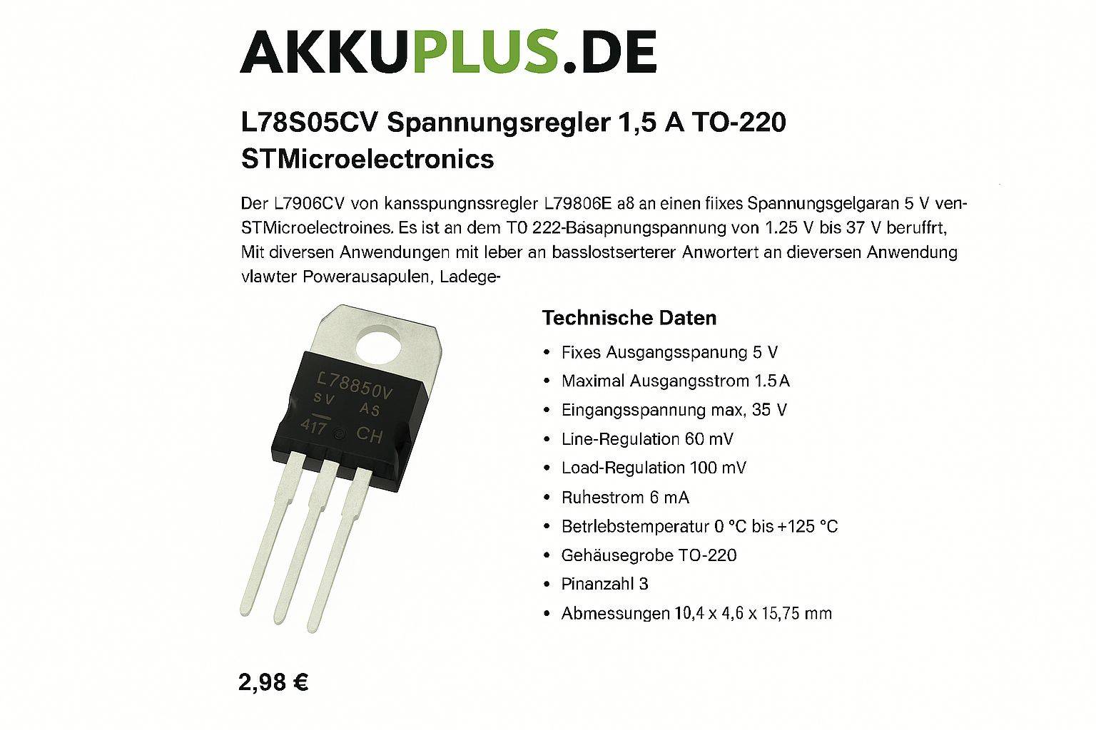 STMicroelectronics L7812CV-DG – Linearer Spannungsregler 12 V, 1,5 A, TO-220