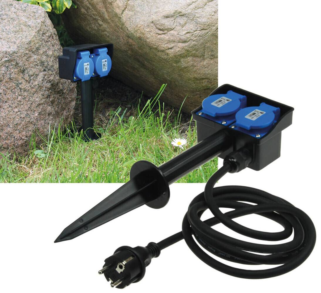 ChiliTec 21455 Gartensteckdose mit Erdspieß, 2-fach IP44, 2m Kabel