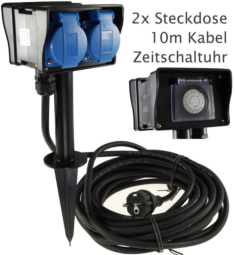 ChiliTec 22033 Gartensteckdose mit Erdspieß, 2-fach IP44, 10m Kabel, Zeitschaltuhr