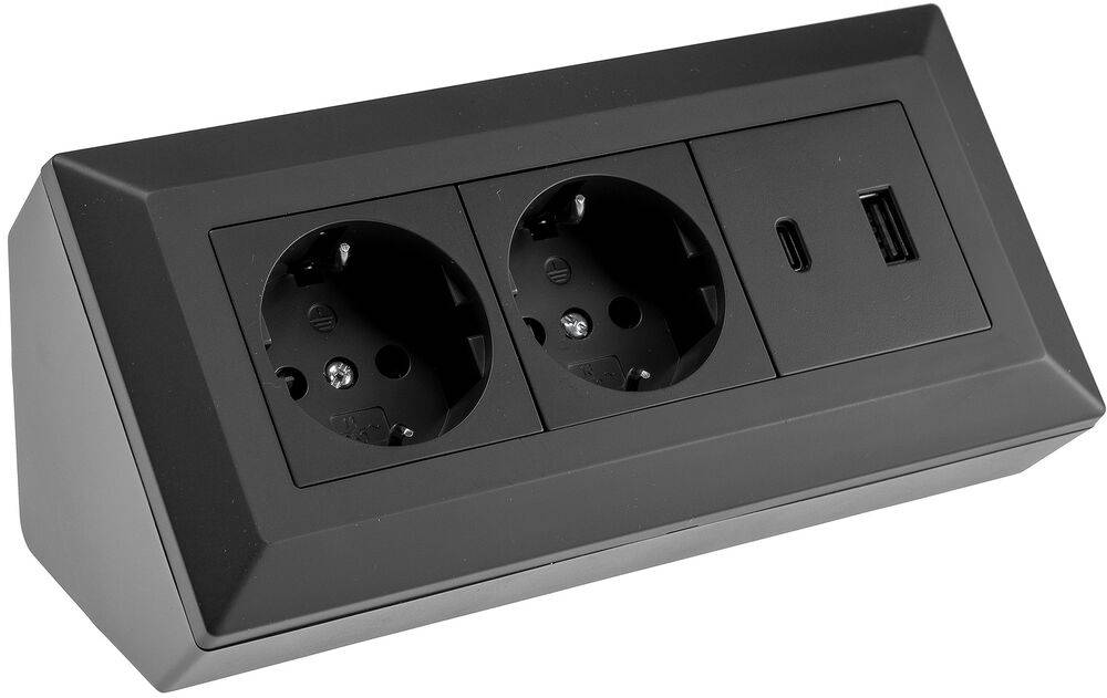 ChiliTec 23574 2-fach Steckdosenblock, USB-A+C, schwarz 250V~/ 16A, Aufbaumontage, USB 3,1A, PD