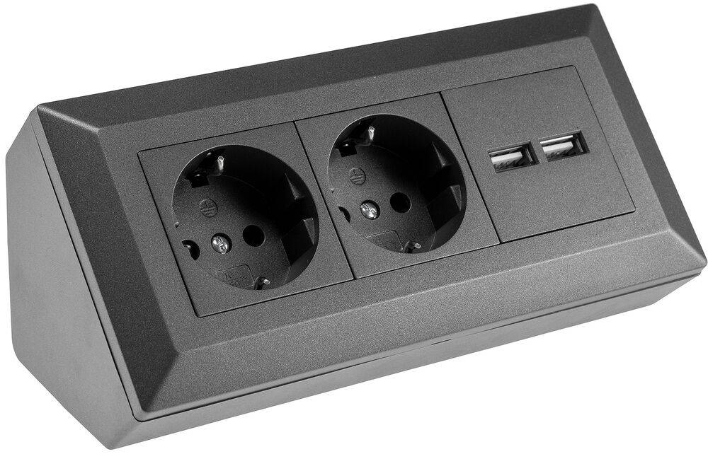 ChiliTec 23654 2-fach Steckdosenblock+ 2x USB,anthrazit 250V~/ 16A, Aufbaumontage, USB 3,1A