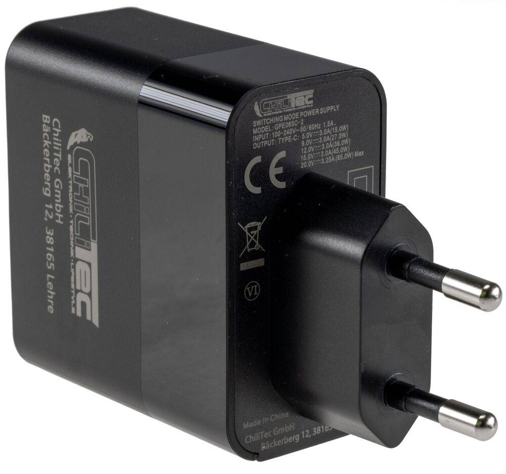 ChiliTec 23578 Stecker-Netzteil mit USB-C "CTN-PD65" In 100-240V~, Out 5,0V-9,0V-12,0V=, 65W