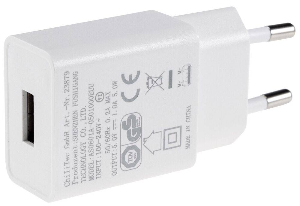 ChiliTec 23879 Stecker-Netzteil mit USB "CTN-0510" Ein 110-240V~, Aus 5V=, 1A, 5W, weiß