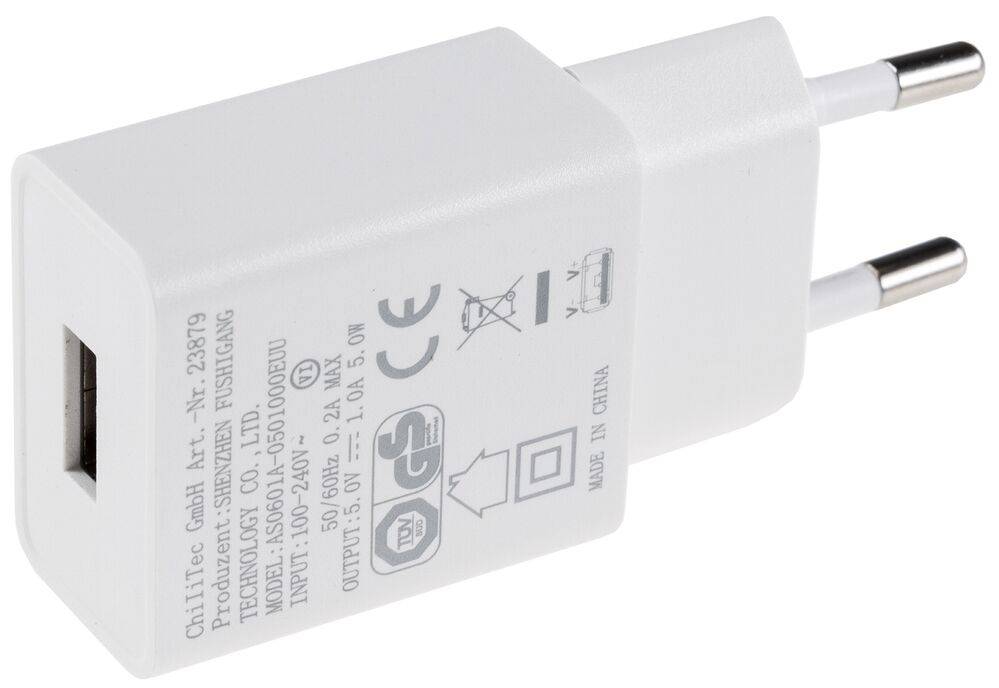 ChiliTec 23879 Stecker-Netzteil mit USB "CTN-0510" Ein 110-240V~, Aus 5V=, 1A, 5W, weiß