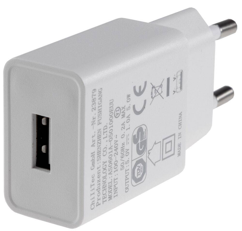 ChiliTec 23879 Stecker-Netzteil mit USB "CTN-0510" Ein 110-240V~, Aus 5V=, 1A, 5W, weiß