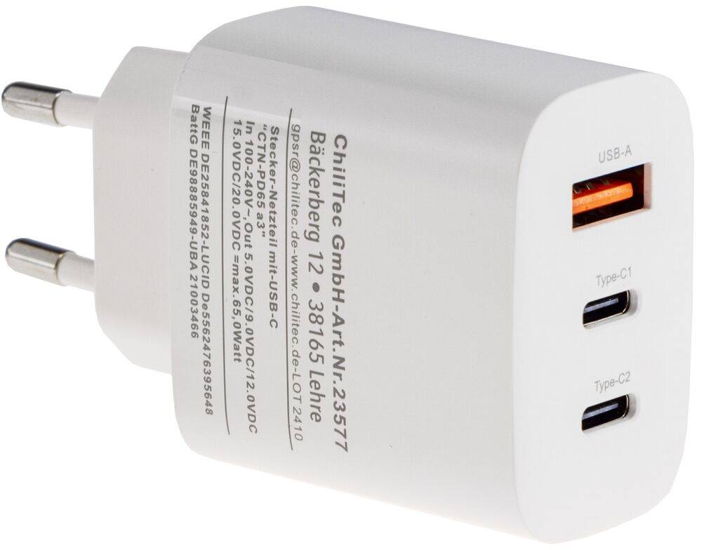 ChiliTec 23577 Stecker-Netzteil mit USB-C "CTN-PD65 a3" In 100-240V~, Out 5,0V-9,0V-12,0V=, 65W