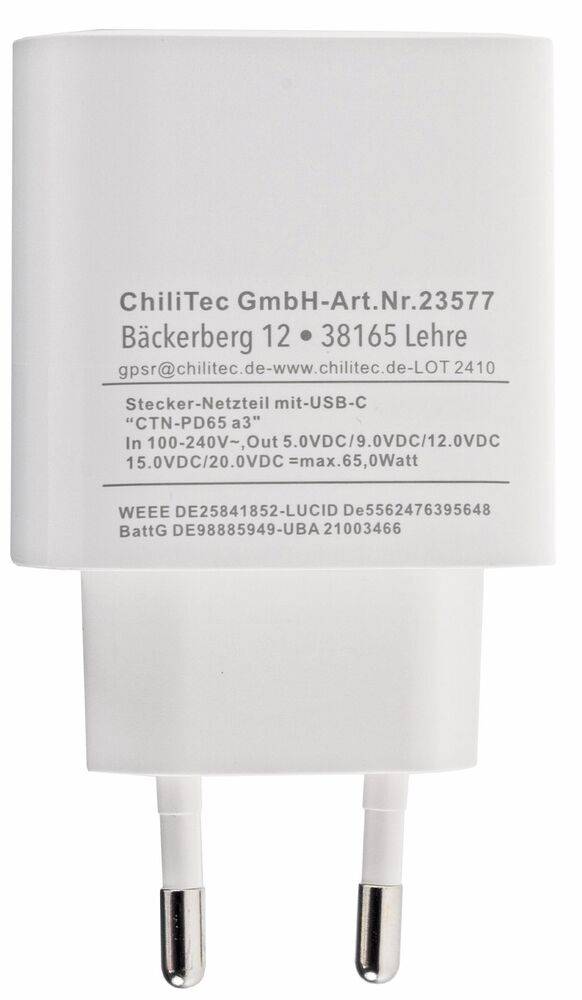ChiliTec 23577 Stecker-Netzteil mit USB-C "CTN-PD65 a3" In 100-240V~, Out 5,0V-9,0V-12,0V=, 65W