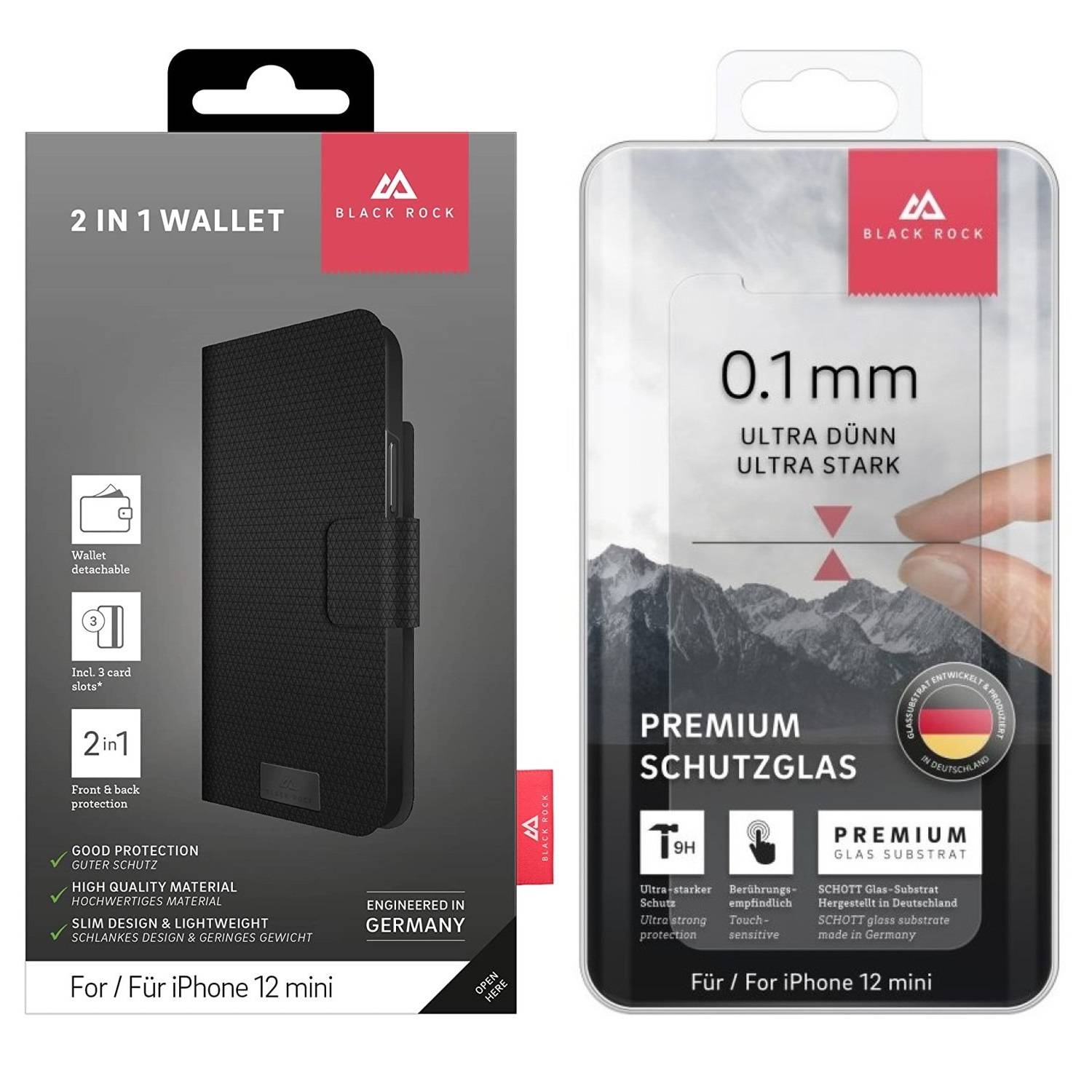 Black Rock Klapp-Tasche + Schutz-Glas Cover Smart Hülle für Apple iPhone 12 mini
