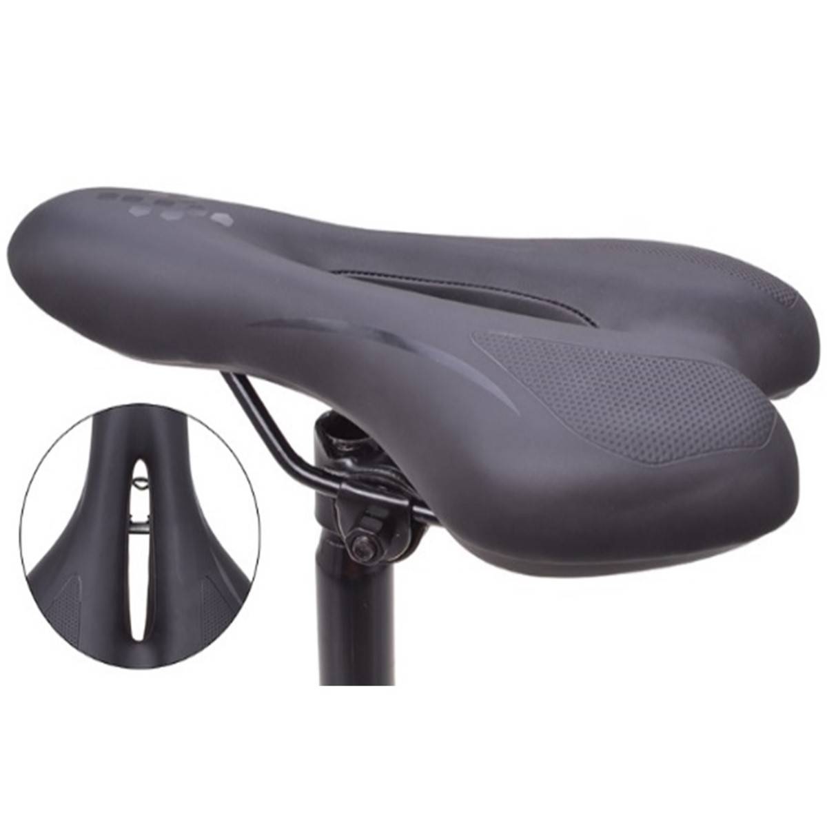 Ein schwarzer ergonomischer Fahrradsattel mit Polsterung und einer Aussparung zur Belüftung. Eine Detailansicht zeigt die Unterseite des Sattels mit einem Federungssystem.