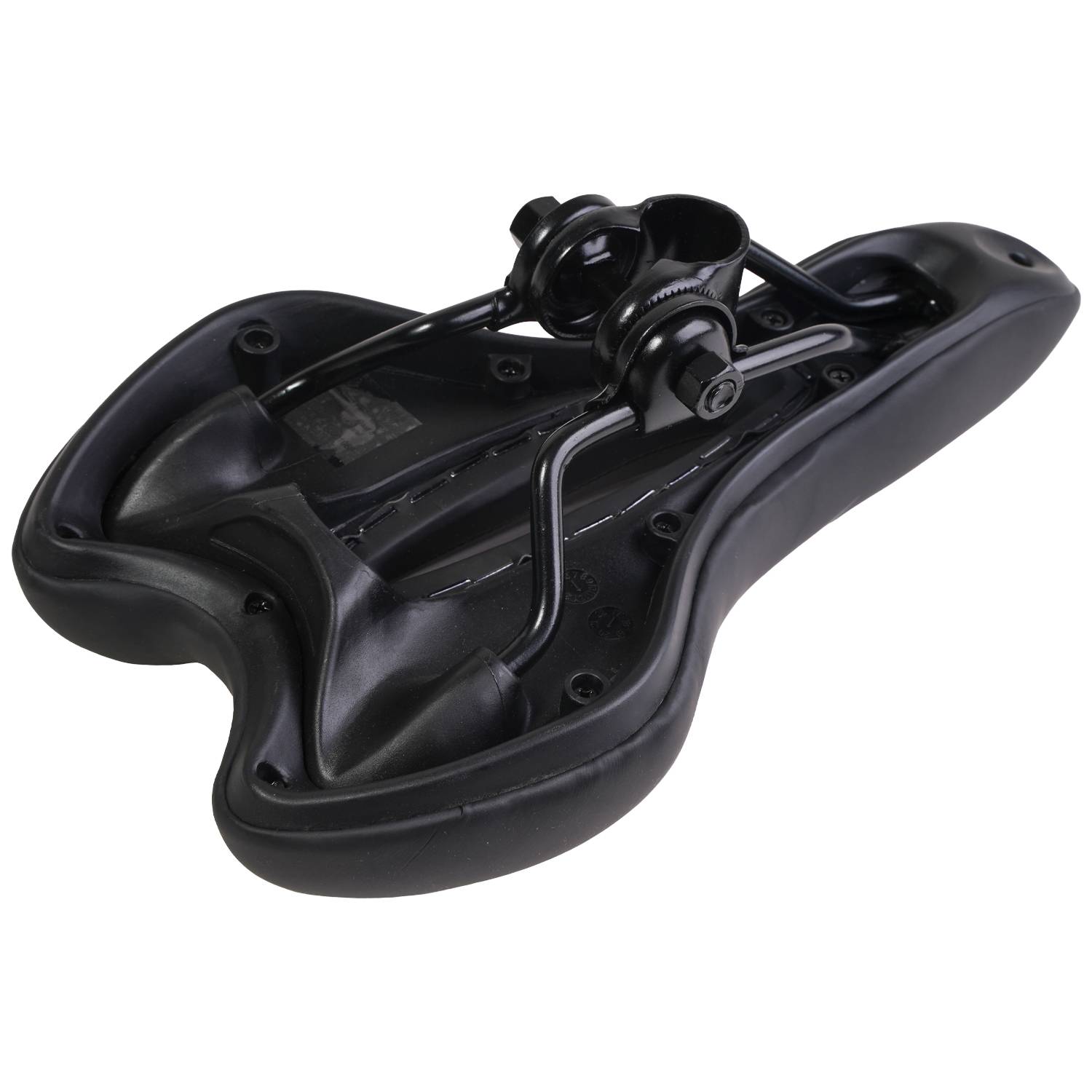 Die Unterseite eines schwarzen Fahrradsattels, die die Metallschienen und das Montagessystem zeigt, das zum Befestigen an einer Fahrradsattelstütze verwendet wird.