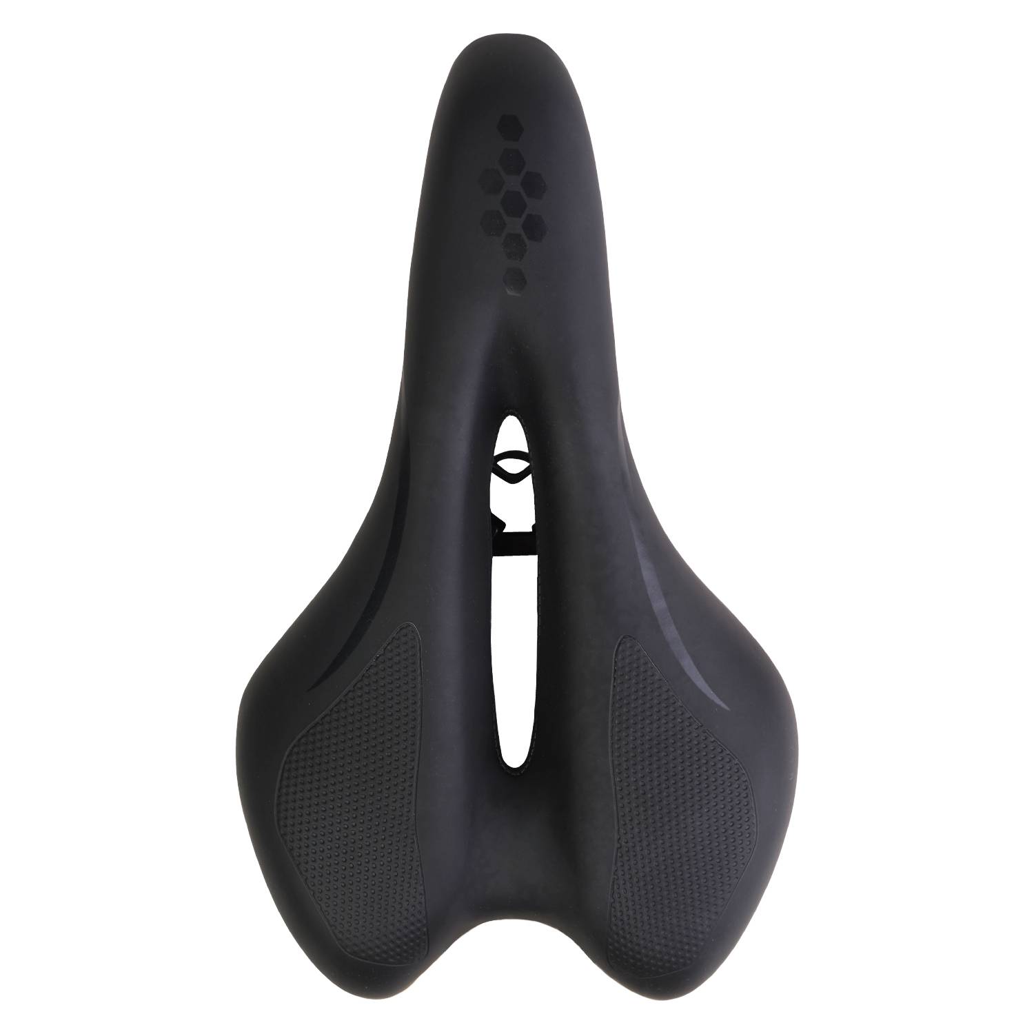 Ein schwarzer ergonomischer Fahrradsattel mit zentraler Aussparung für Komfort, mit strukturierten Mustern an den Seiten für besseren Halt.