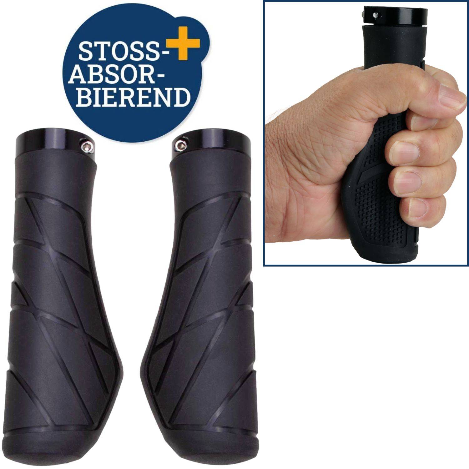 Paar schwarzer ergonomischer Fahrradlenkergriffe mit der Bezeichnung „STOSS-ABSO-BIEREND