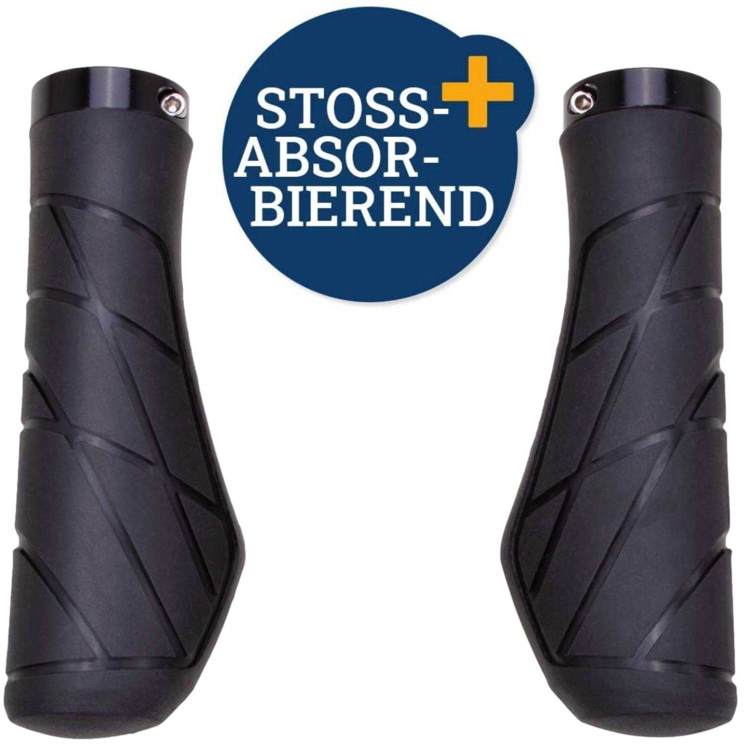 Paar schwarzer Fahrradlenkerstöpsel mit stoßabsorbierendem Design, gekennzeichnet mit „STOSS-ABSORBIEREND" in einem blauen Kreis mit einem gelben Pluszeichen.