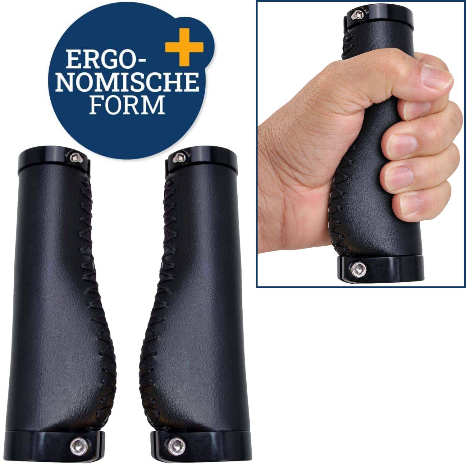 Paar schwarzer ergonomischer Fahrradlenkerstöpsel mit genähtem lederähnlichem Bezug und eine Hand, die den Griff in Gebrauch demonstriert; die Beschriftung lautet „ERGO-NOMISCHE FORM