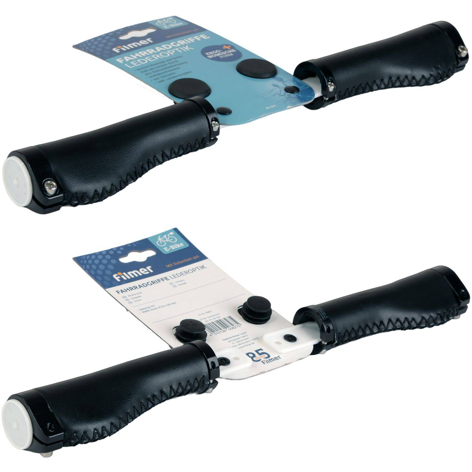 Verstellbare schwarze Schaumstoff-Handgriffe, dargestellt mit Produktverpackung und angebrachten Etikettenkarten, in zwei Ansichten auf weißem Hintergrund.