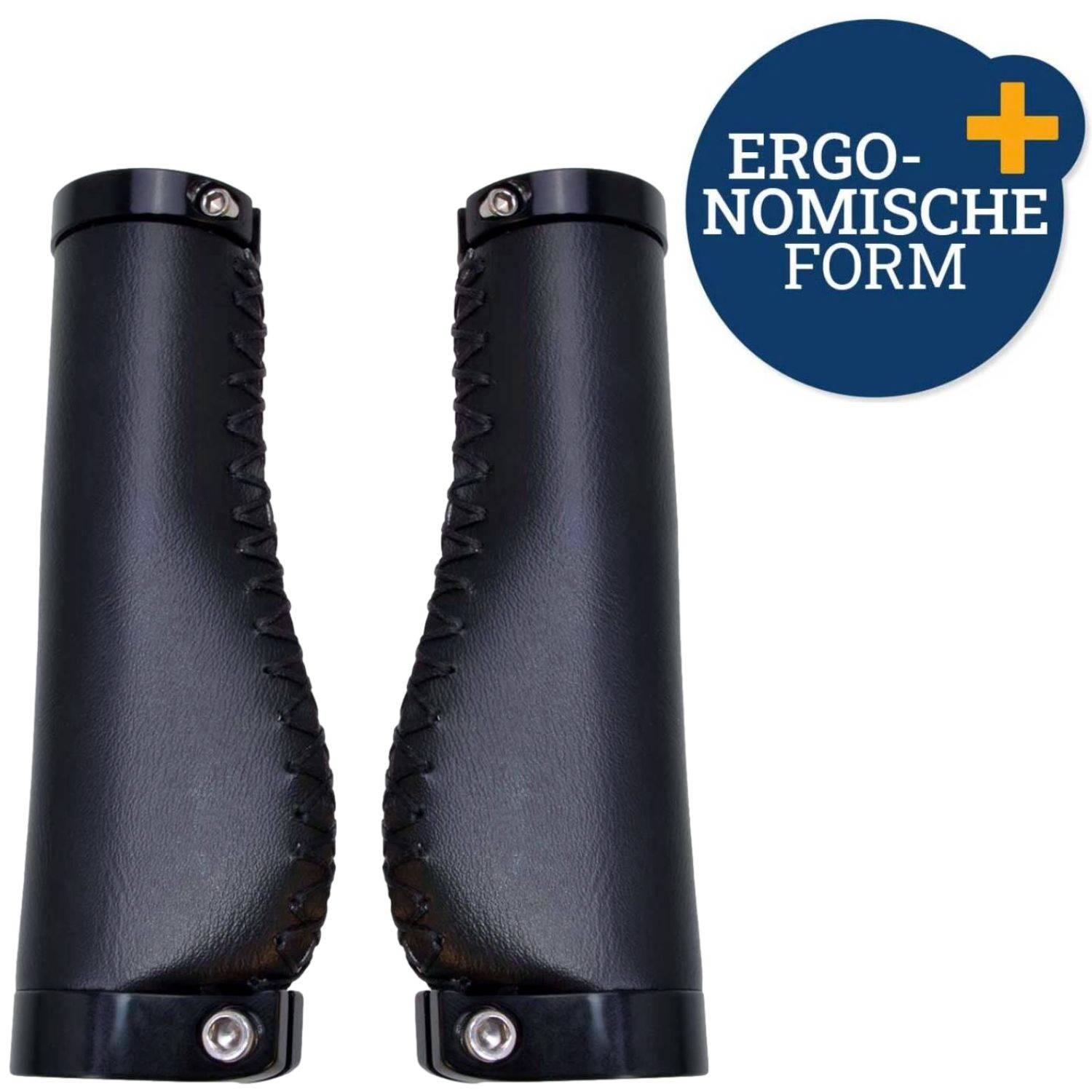 Paar schwarzer ergonomischer Fahrradlenkerstöpsel mit genähten kunstlederseitigen Seiten und Metallendkappen; Abzeichen mit der Aufschrift „ERGONOMISCHE FORM" und einem Pluszeichen.