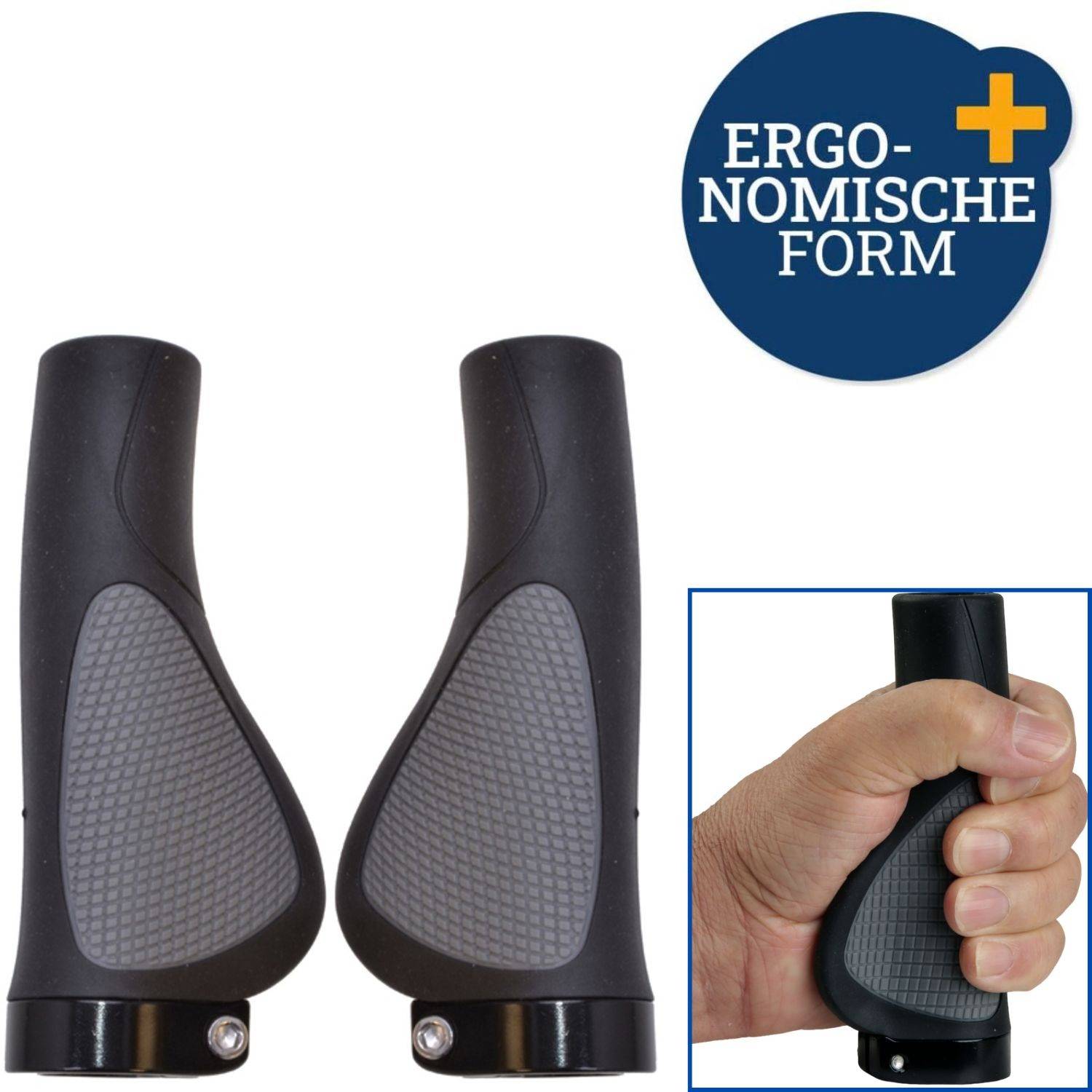 Ergonomische Fahrradlenkergriffe in Vorderansicht und in Gebrauch, mit strukturierten grauen Handballen-Auflagen und eine Hand, die einen Griff hält.