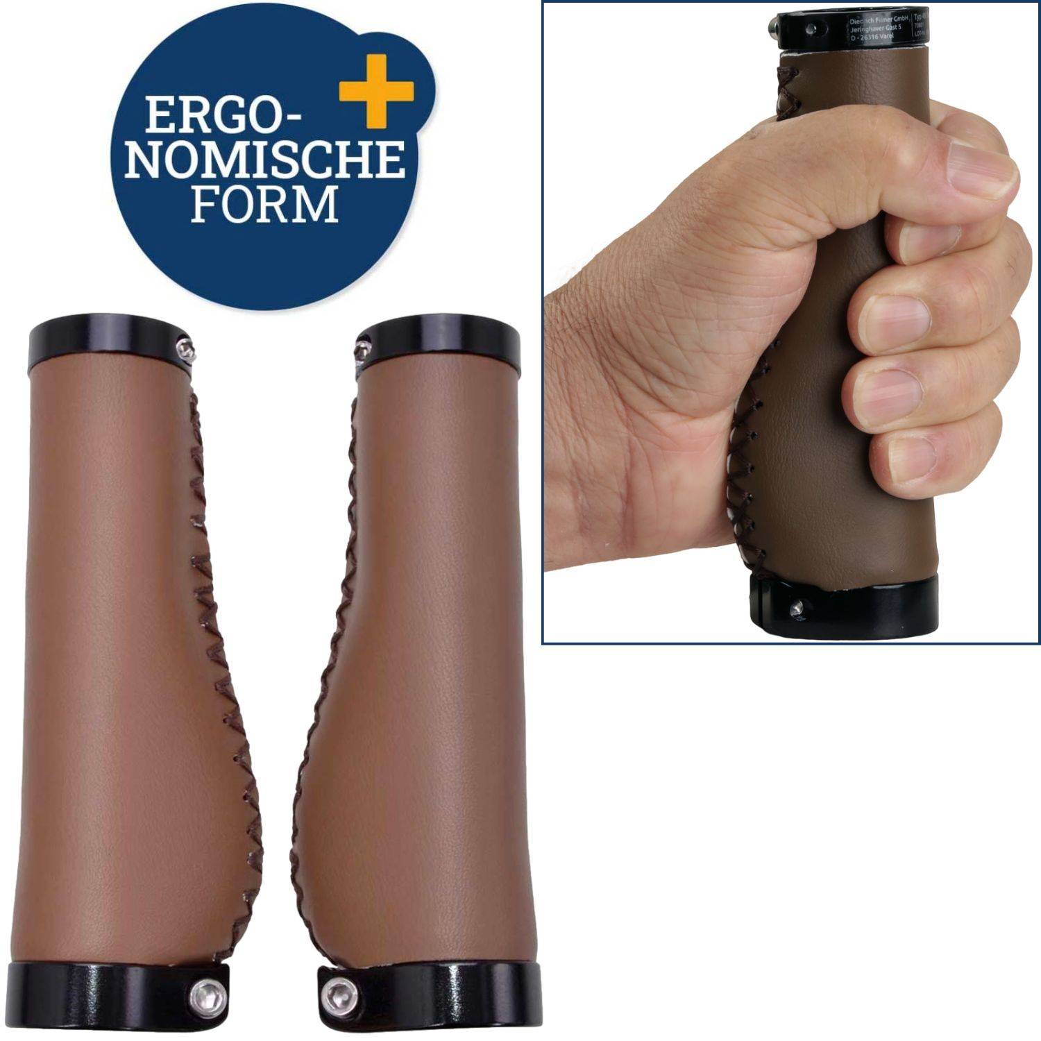 Ergonomische Fahrradlenkergriffe mit konturierter Form; die Bildeinführung zeigt eine Hand, die einen Griff hält, um Komfort und Kontrolle zu gewährleisten.