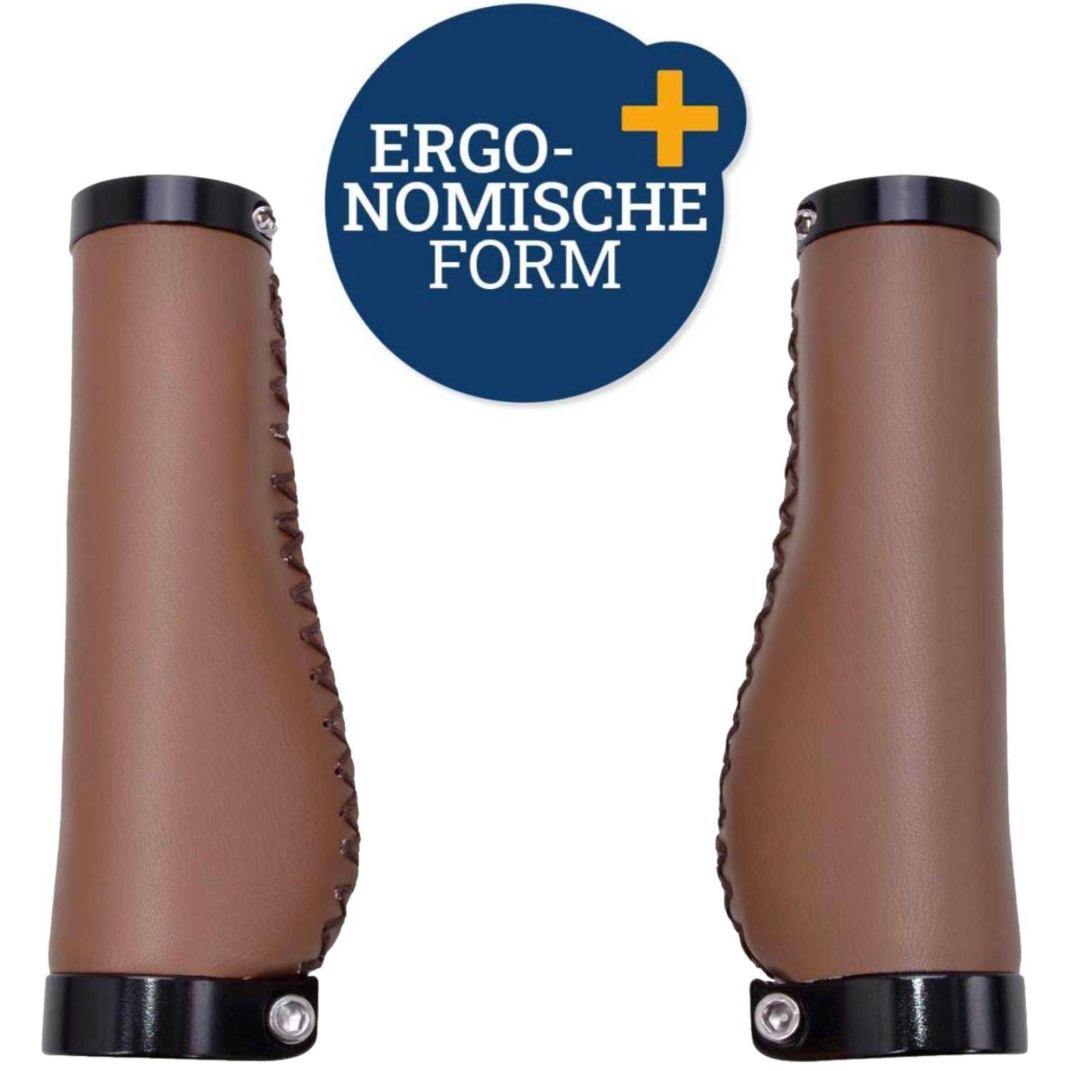 Zwei braune ergonomische Fahrradgriffe mit schwarzen Endkappen, nebeneinander abgebildet; das Abzeichen zeigt die Aufschrift „ERGO-NOMISCHE FORM" mit einem Pluszeichen.