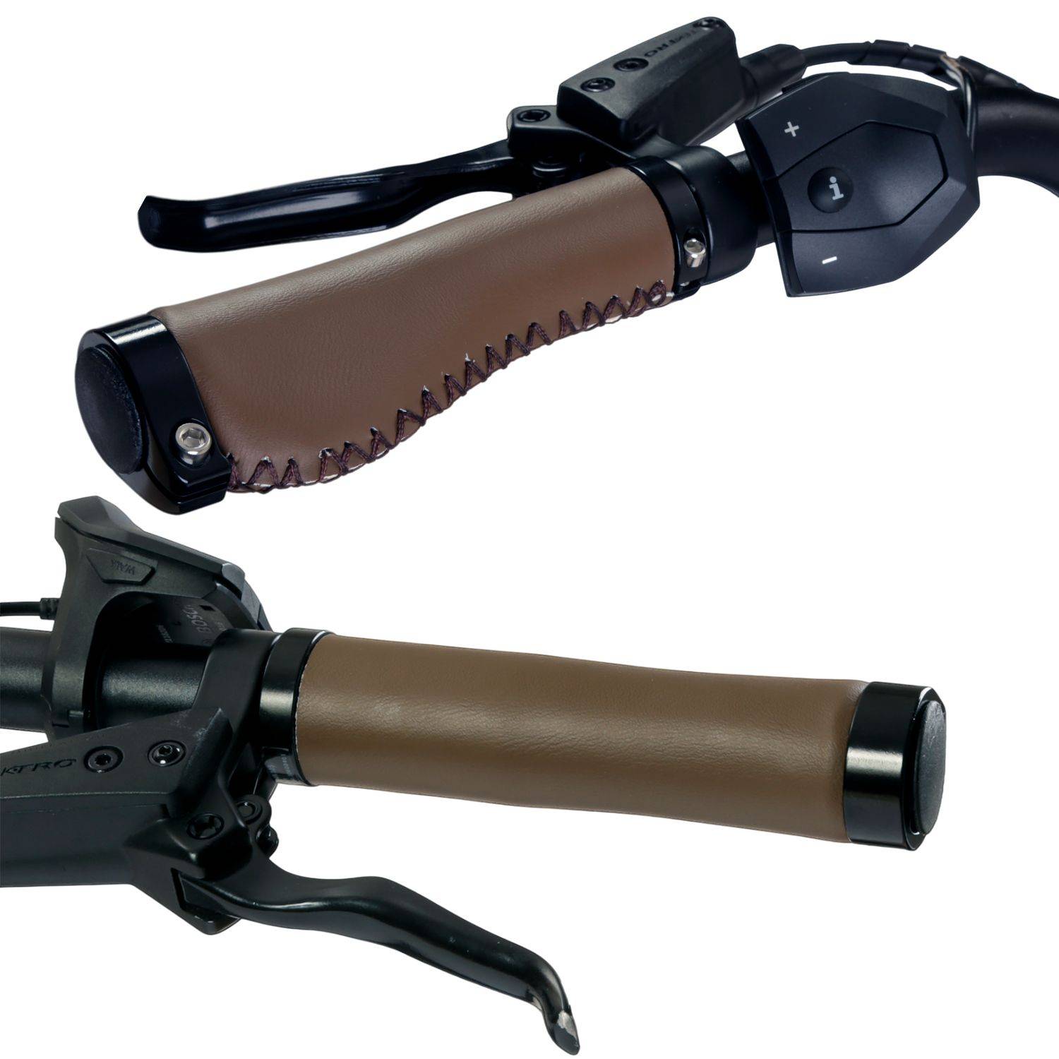 Zwei Ansichten eines Fahrradlenkergriffs und einer Bremshebel mit braunem Lederoptik-Wickel und schwarzen Bedienelementen.