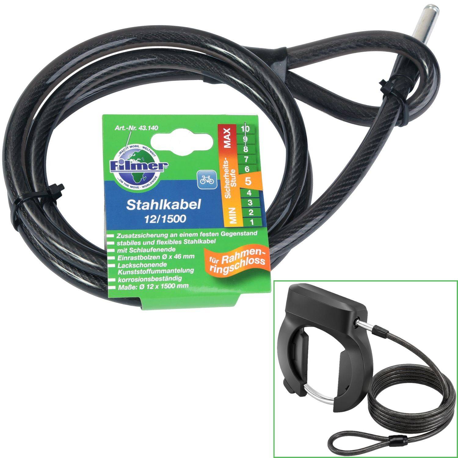 Fahrradschloss-Kabel, Modell 12/1500, zum Sichern von Fahrrädern. Enthält ein flexibles Stahlkabel und eine Rahmenschloss-Befestigung. Schwarze Farbe, Produktcode 43.140.