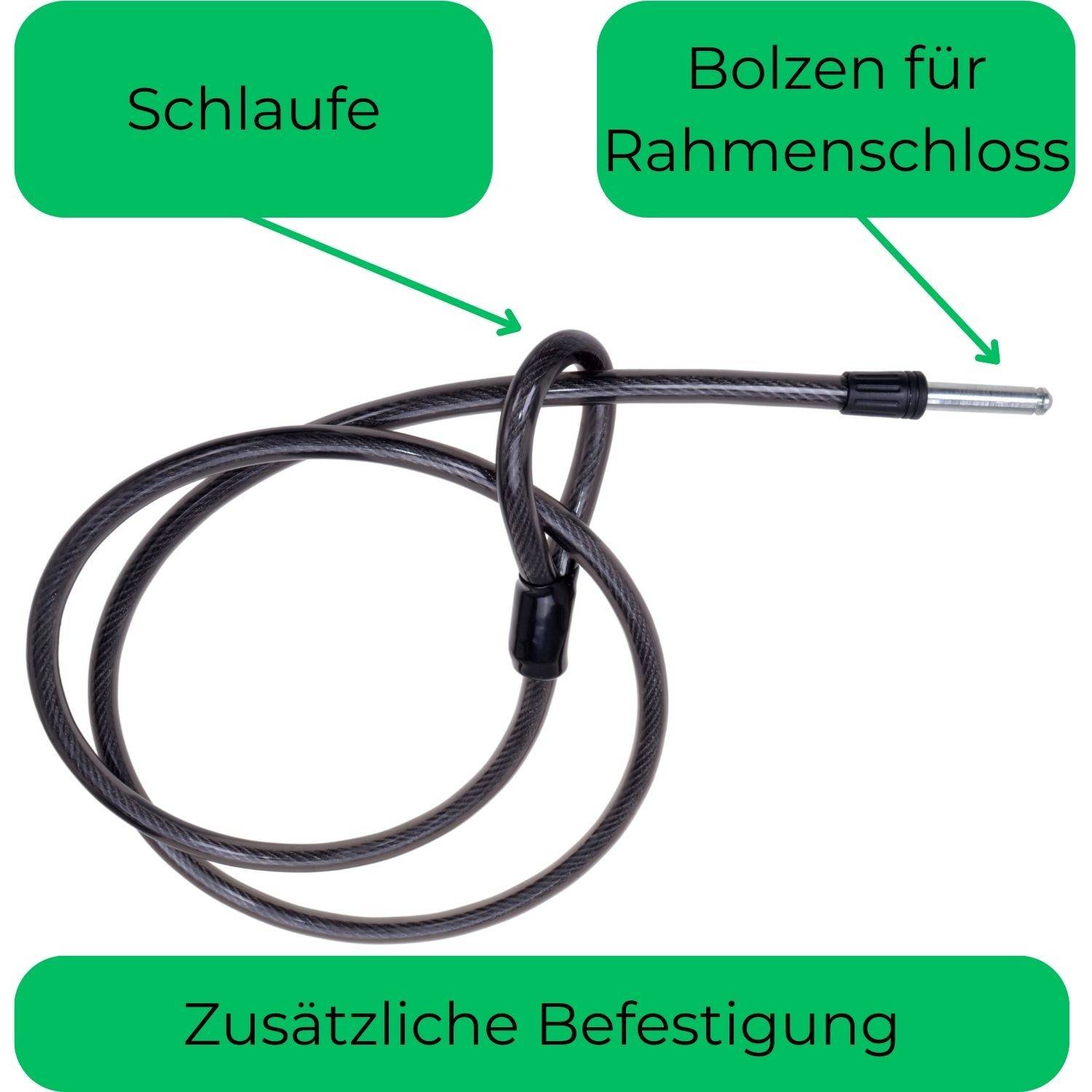 Ein Fahrradschloss-Kabel mit einer Schlaufe und einem Bolzen, auf Deutsch gekennzeichnet zur zusätzlichen Sicherung an einem Rahmenschloss.