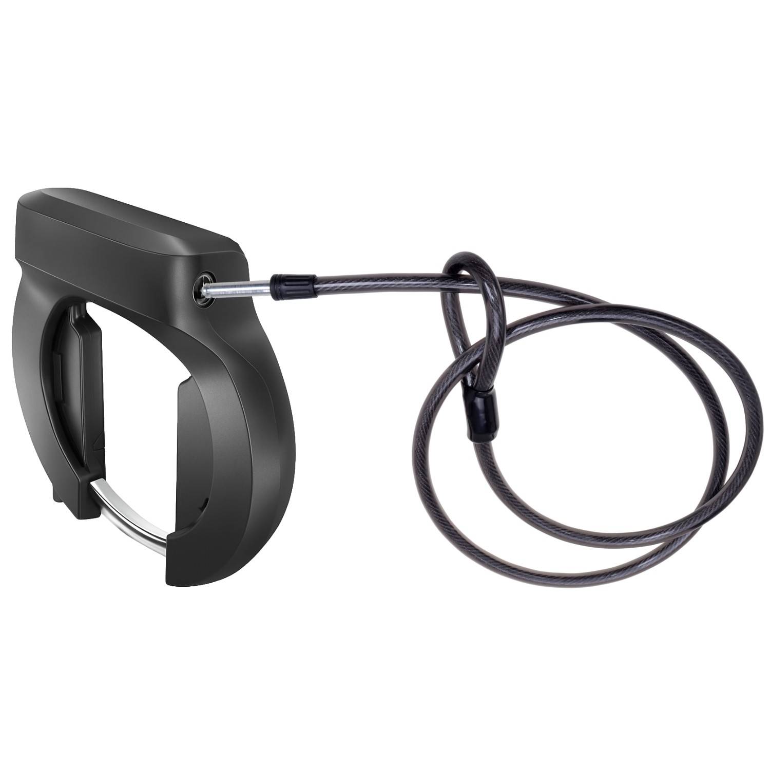 Ein schwarzes U-förmiges Fahrradschloss mit angebrachtem Spiralkabel, das zum sicheren Abschließen von Fahrrädern entwickelt wurde.