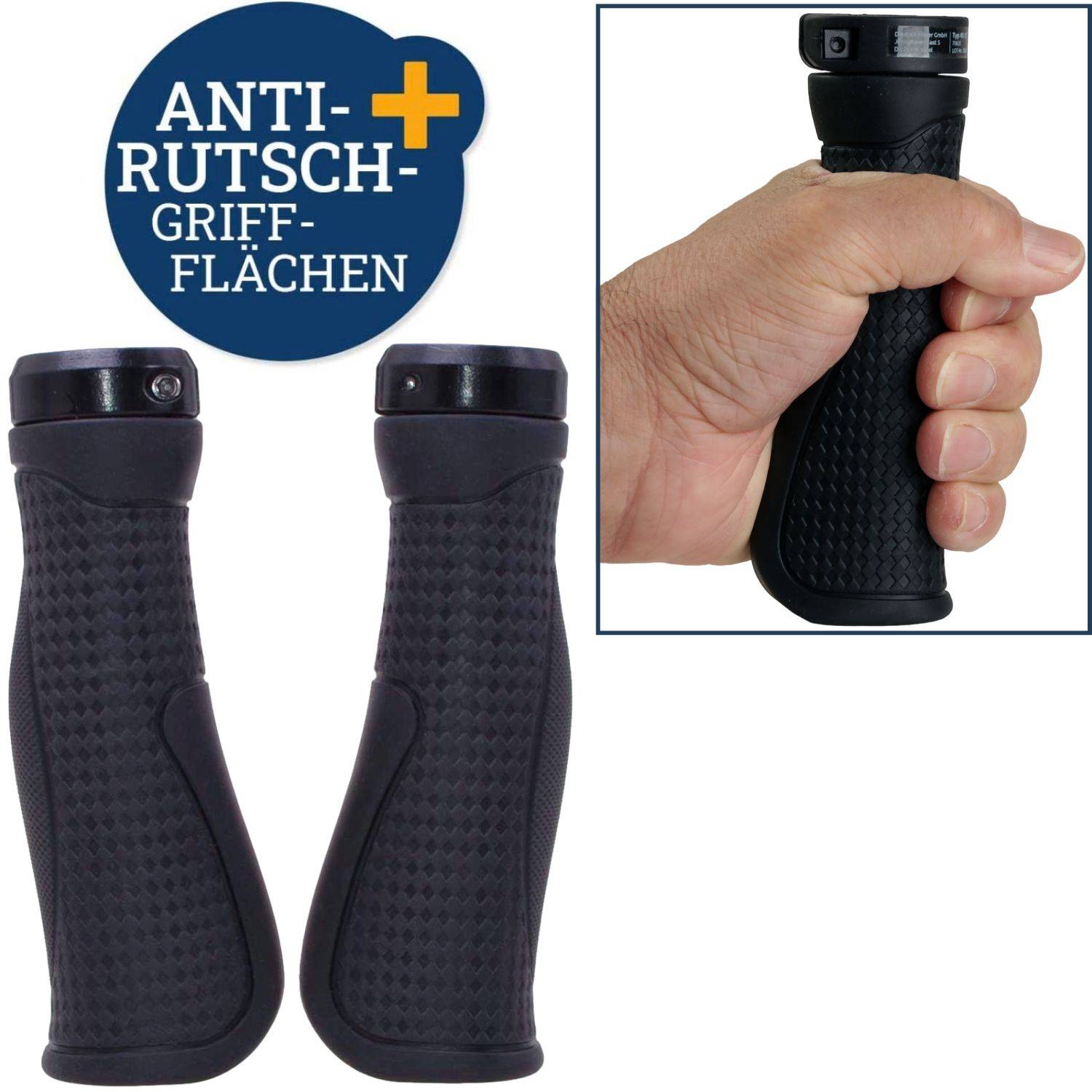 Produktbild von schwarzen Fahrradlenker-Griffen mit rutschfesten Griffoberflächen; die Vergrößerung zeigt eine Hand, die einen Griff hält. Der Text lautet „ANTI-RUTSCH-GRIFF-FLÄCHEN
