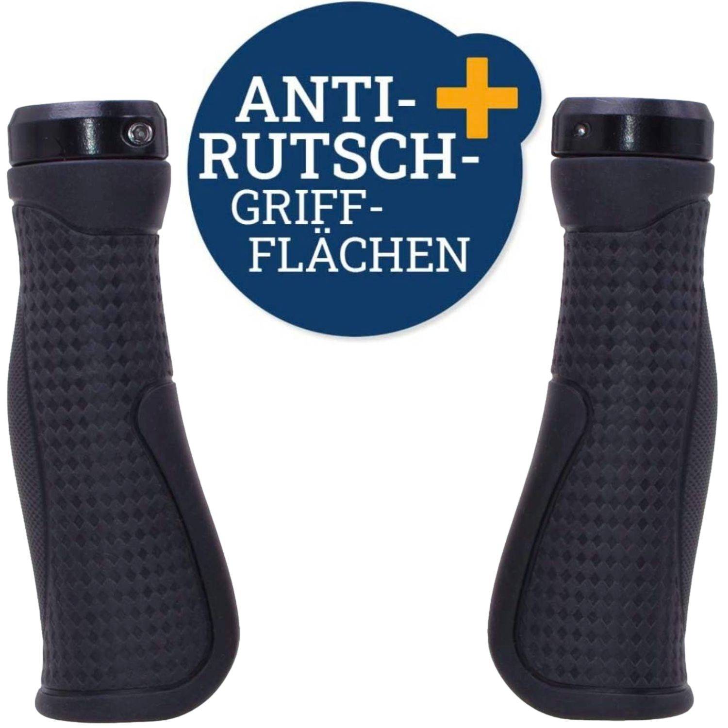 Paar schwarzer ergonomischer Fahrradlenkergriffe mit rutschfesten strukturierten Oberflächen; Etikett liest „ANTI-RUTSCH-GRIFF-FLÄCHEN".