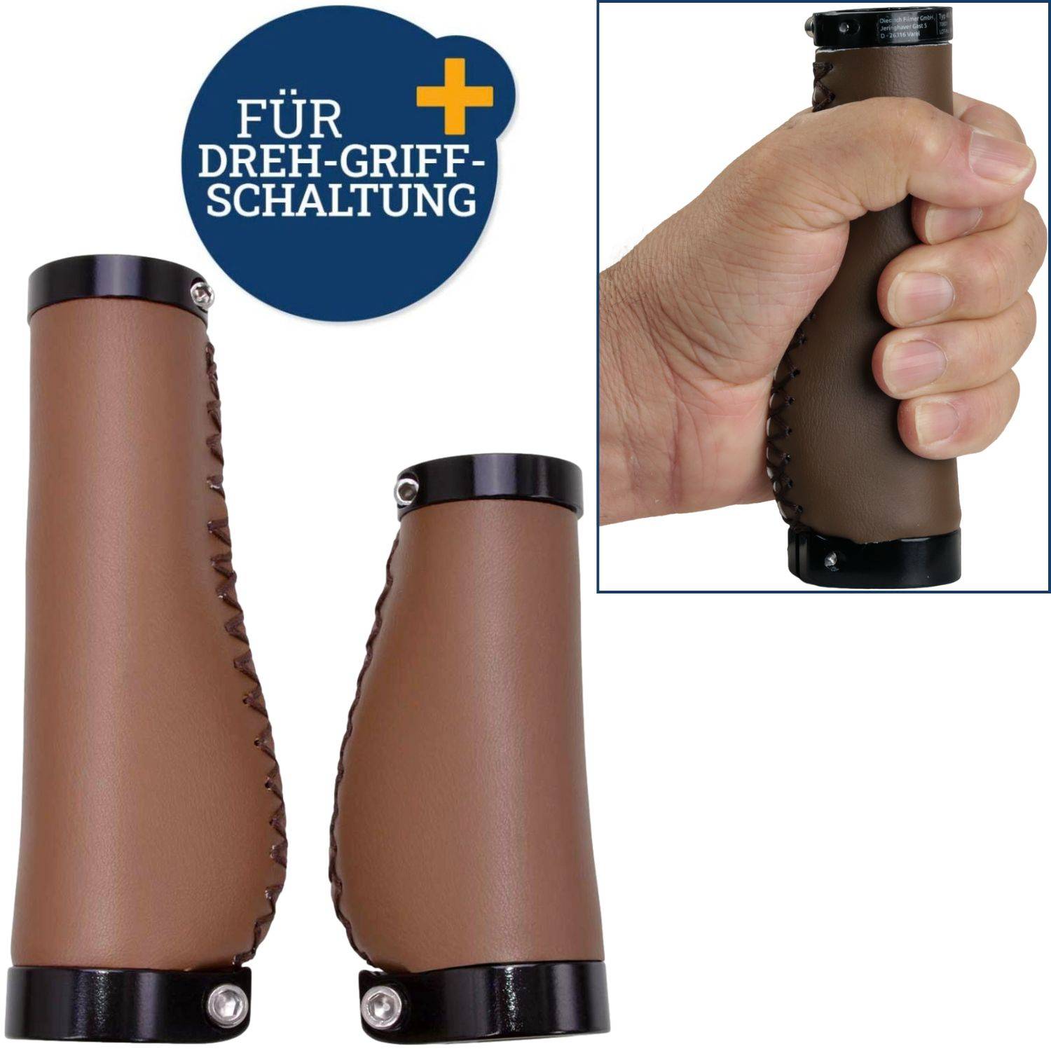 Braune Lederlenkergrifffe mit schwarzen Enden, dargestellt als Paar und in Verwendung auf einem Lenker; gekennzeichnet für Drehgriff-Schaltung.