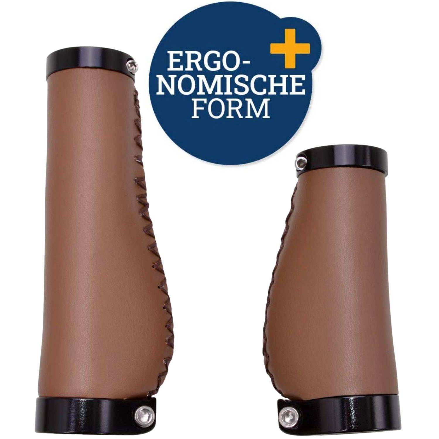 Zwei braune ergonomische Griffe mit schwarzen Endkappen nebeneinander gezeigt, gekennzeichnet mit "ERGONOMISCHE FORM"" mit einem Pluszeichen.
