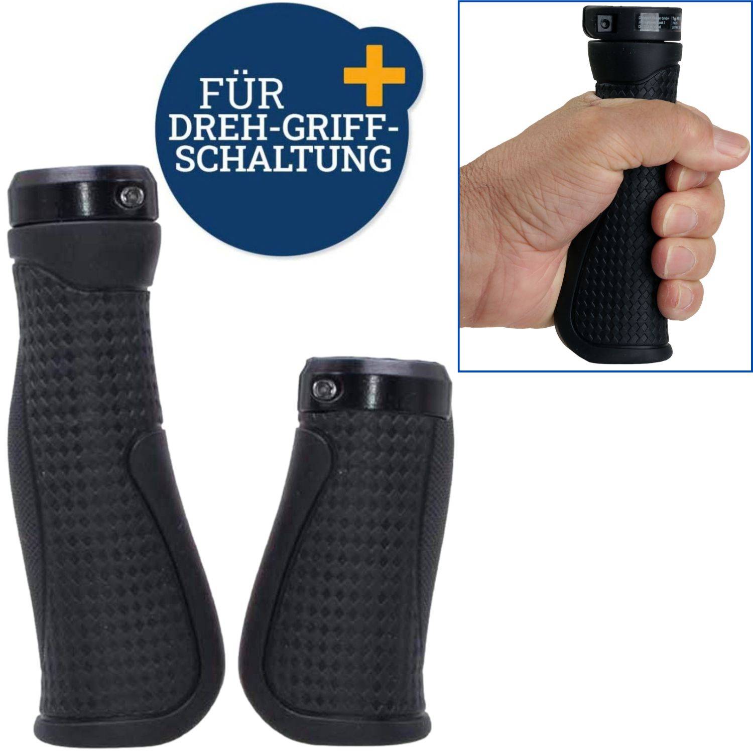 Zwei schwarze strukturierte Fahrradlenkergriffe, einer in einer Hand gezeigt mit Text „FÜR DREH-GRIFF-SCHALTUNG