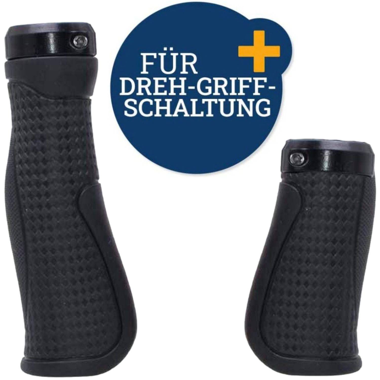 Zwei schwarze strukturierte Fahrradlenkergriffe, nebeneinander dargestellt, gekennzeichnet mit „FÜR DREH-GRIFF-SCHALTUNG" mit einem Pluszeichen, das die Kompatibilität mit Drehschaltgriffeln anzeigt.