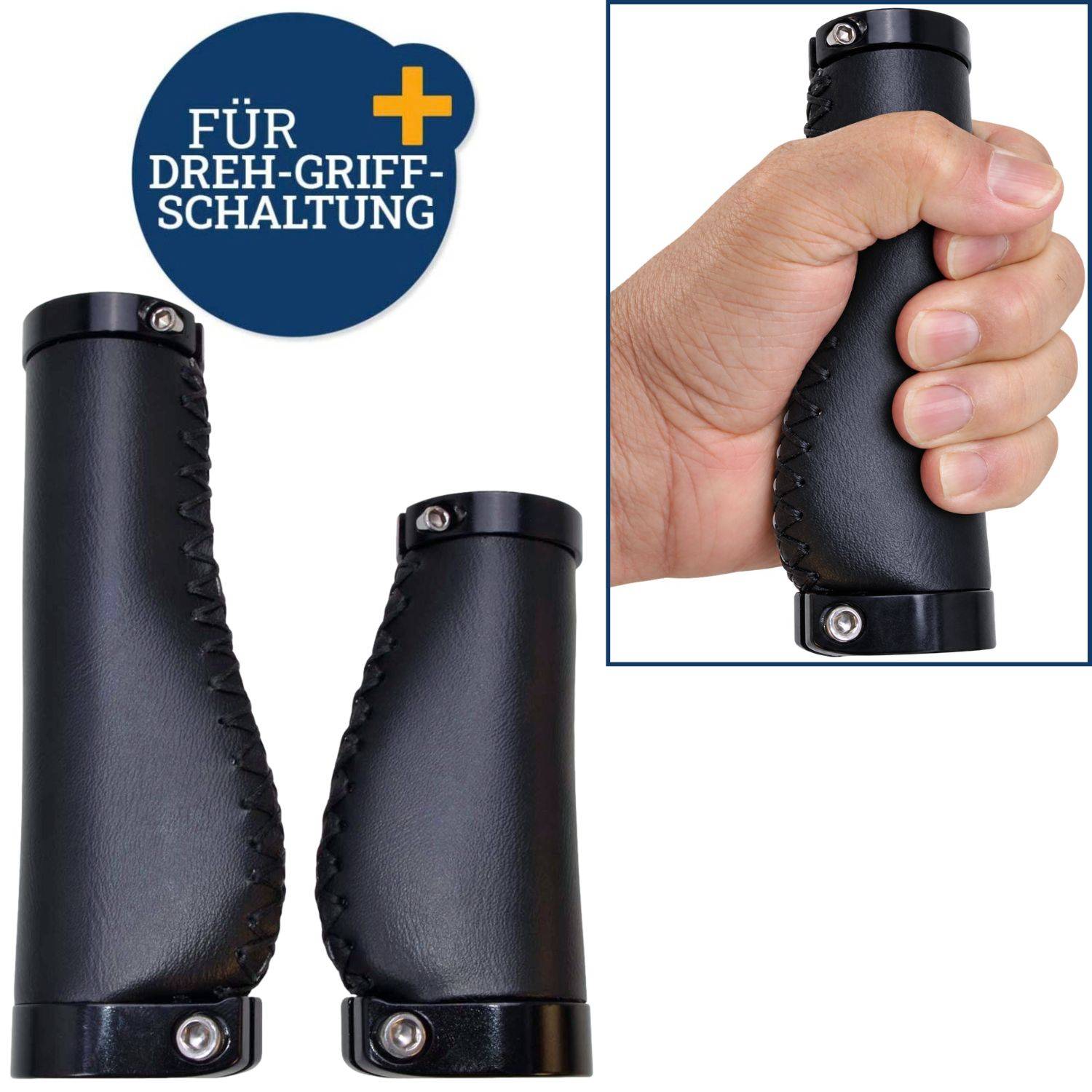 Zwei schwarze ergonomische Fahrradlenkergriffe, einer in der Hand gezeigt, gekennzeichnet mit „FÜR DREH-GRIFF-SCHALTUNG
