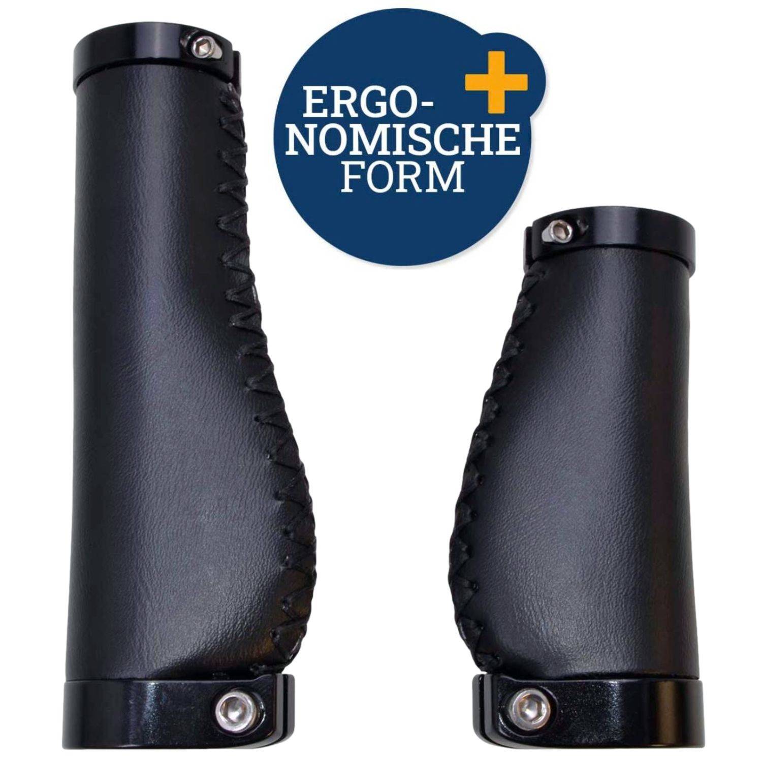 Paar schwarze ergonomische Fahrradlenkergriffe mit genähter lederähnlicher Textur; das Etikett trägt die Aufschrift „ERGO-NOMISCHE FORM" mit einem Plussymbol.