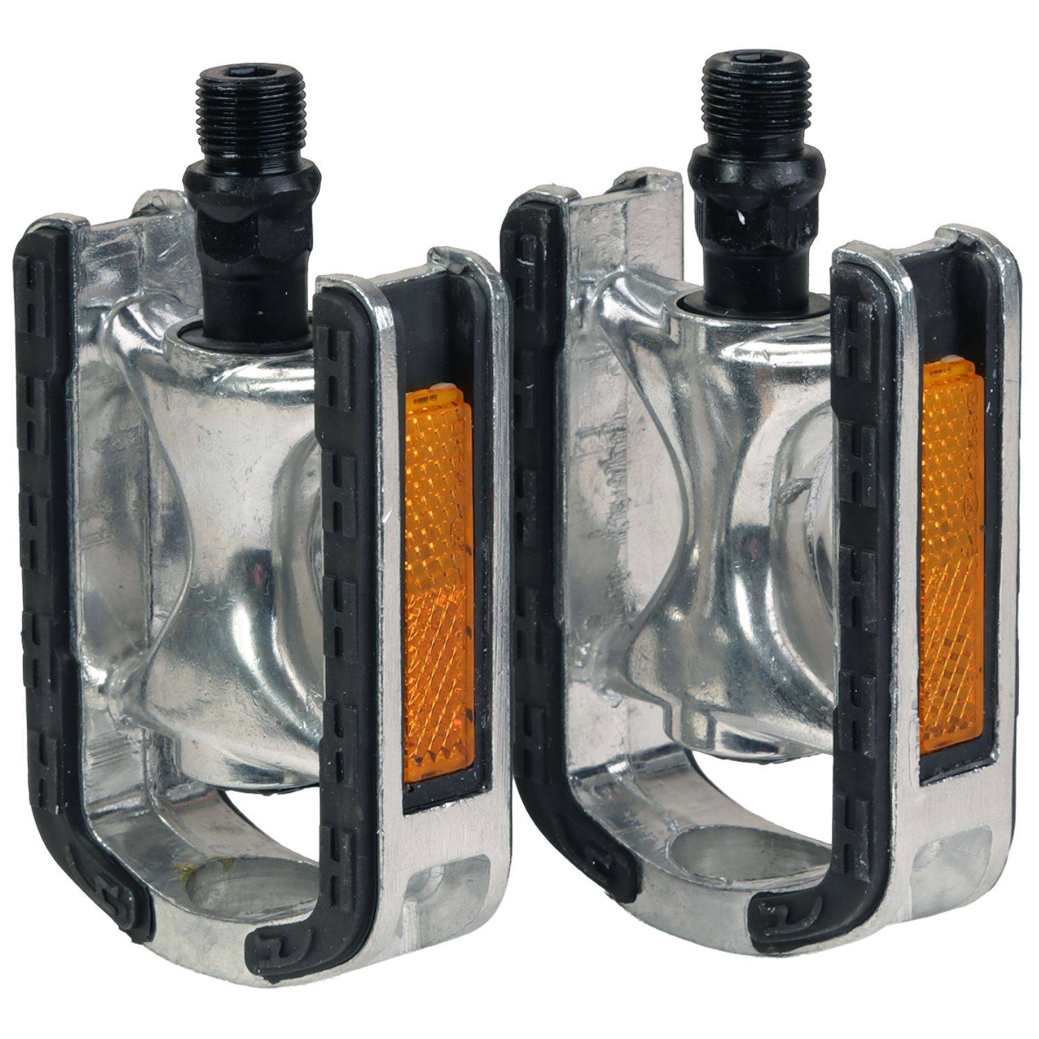 Zwei silberne Fahrradpedale mit orangefarbenen Reflektoren und schwarzen Griffkanten, entworfen für verbesserte Sichtbarkeit und Sicherheit.