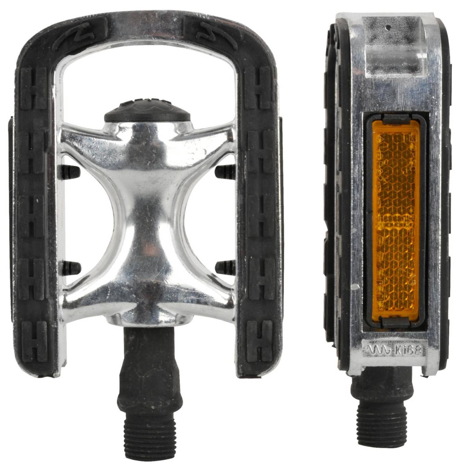 Zwei Fahrradpedale: eines von der Seite mit orangem Reflektor gezeigt, eines von oben mit Metallgehäuse und Gummigriffranten gezeigt.